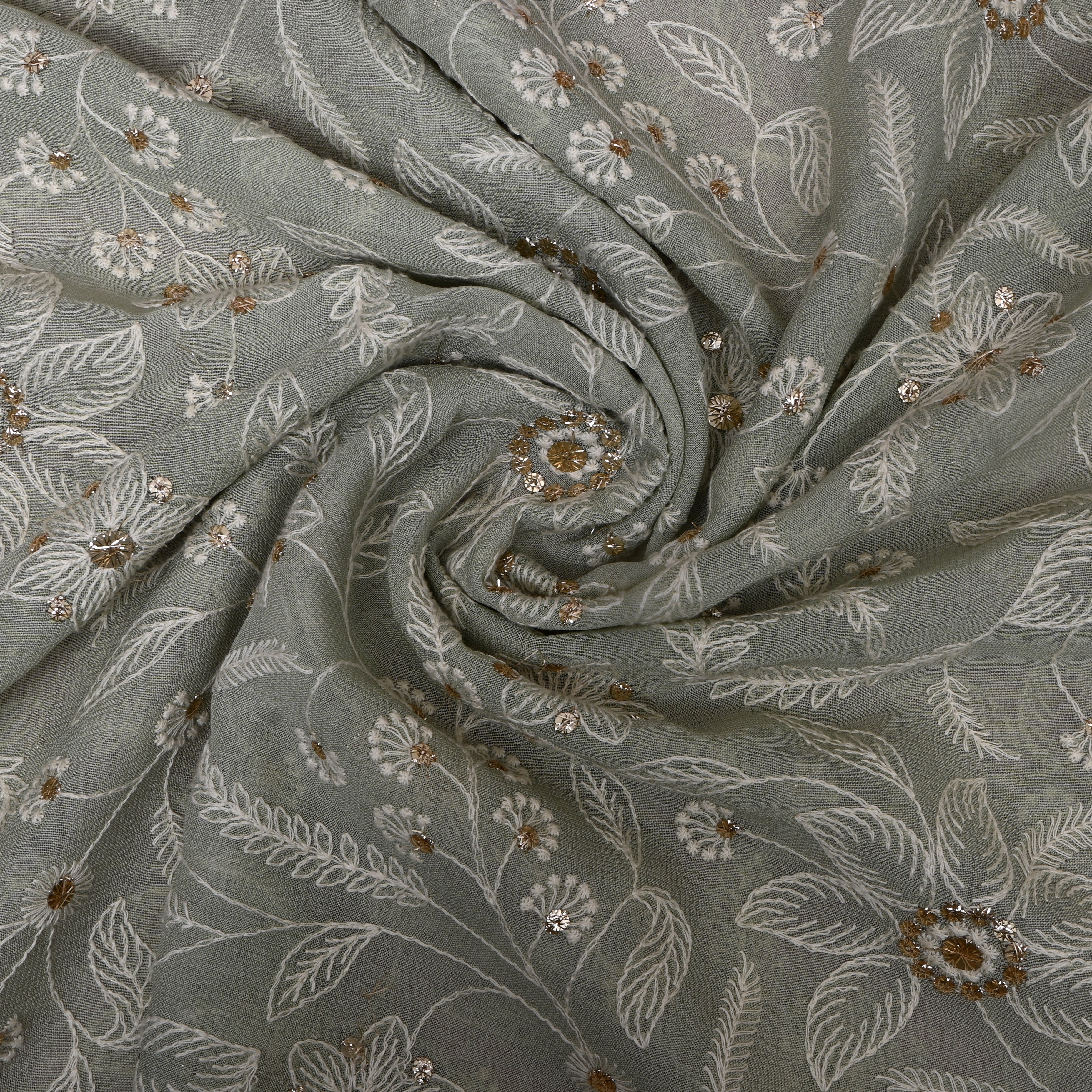 Sage Grey Floral Sequin Organza Embroidery