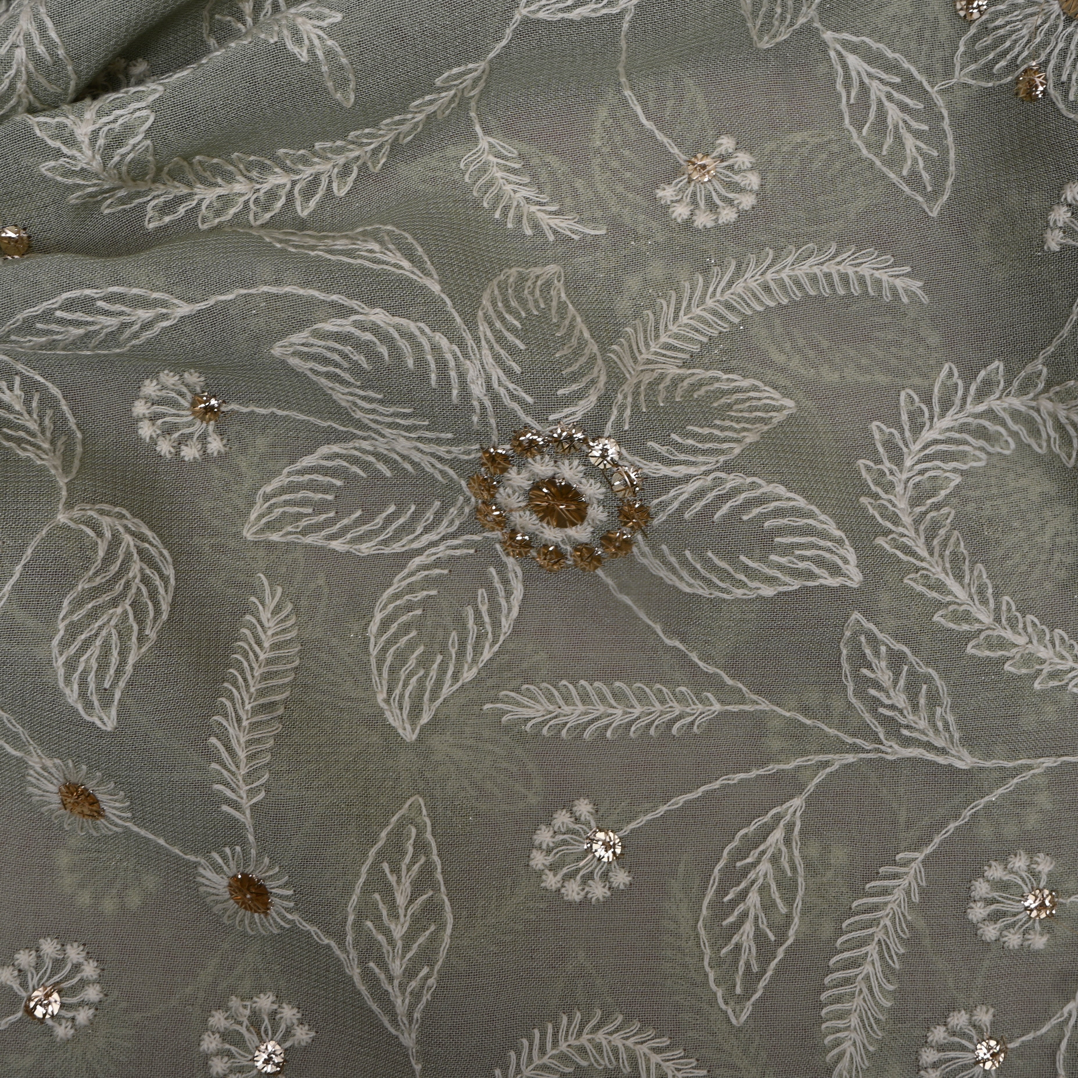 Sage Grey Floral Sequin Organza Embroidery