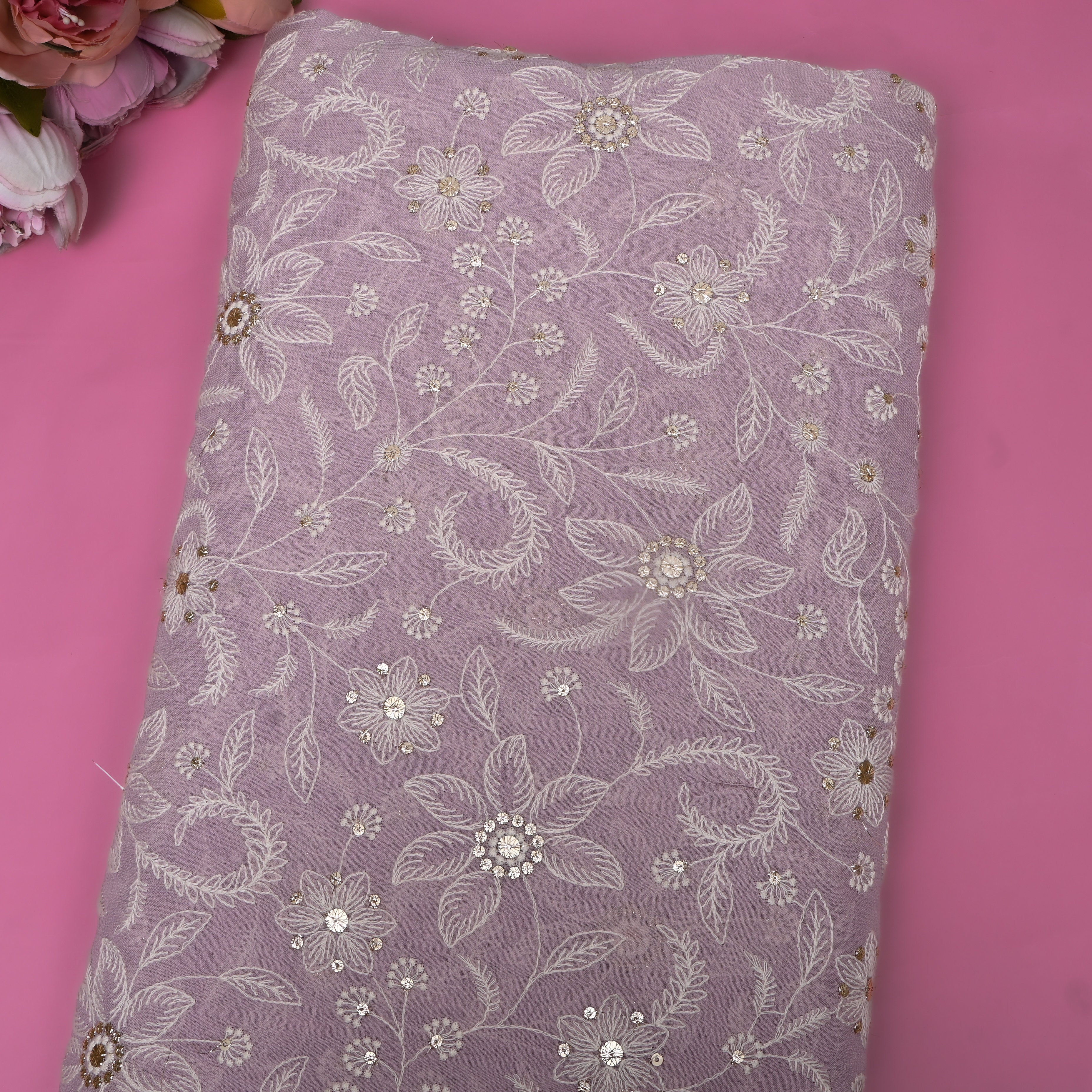 Lavender Mauve Floral Sequin Organza Embroidery