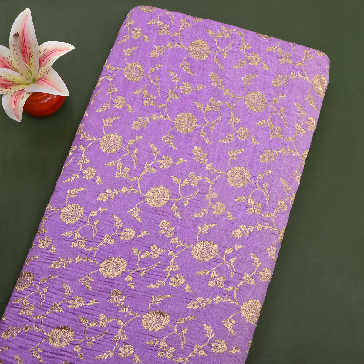 Lilac Gold Zari Floral Jaal Jamawar Silk Fabric