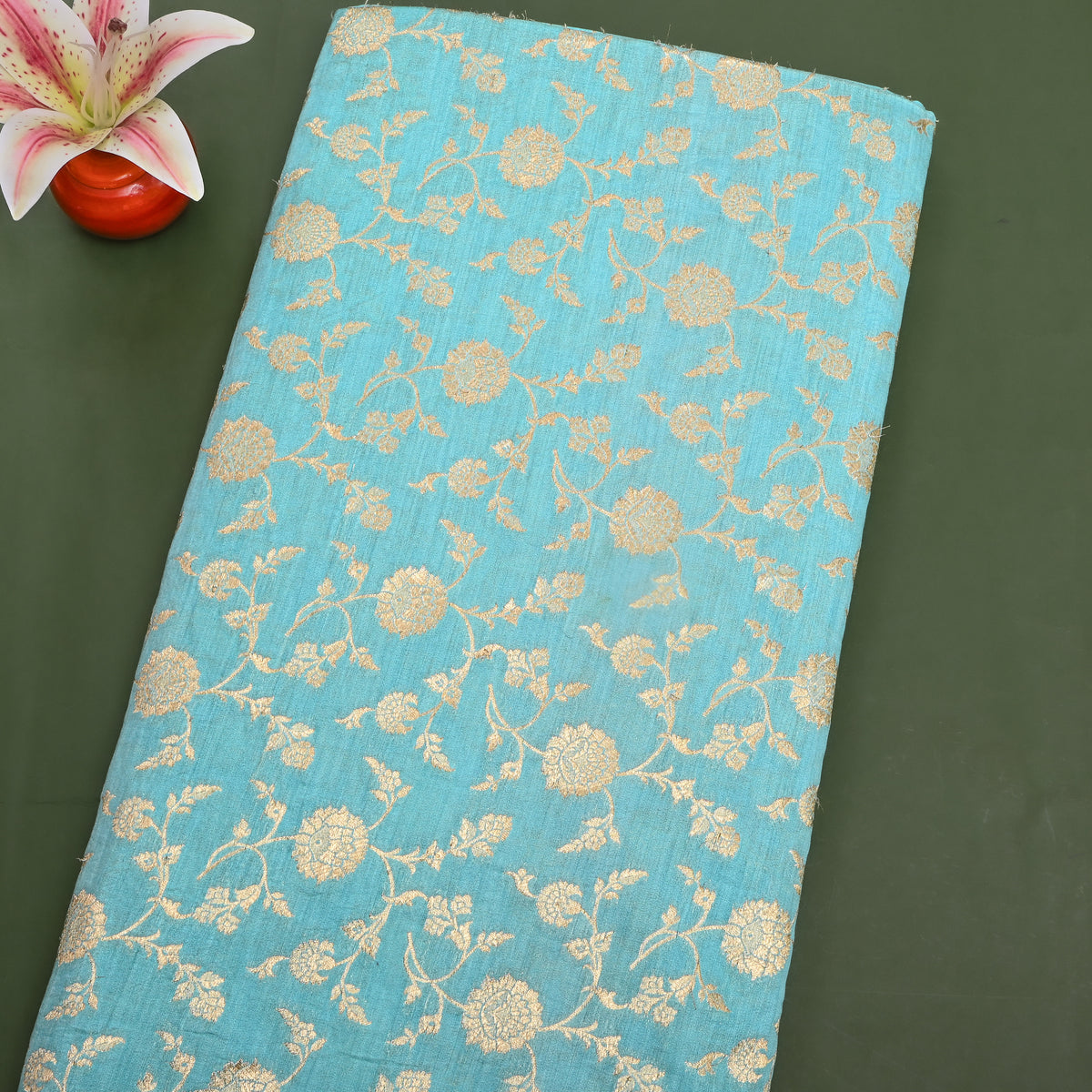 Aqua Blue Floral Parsi Jamawar Silk Fabric
