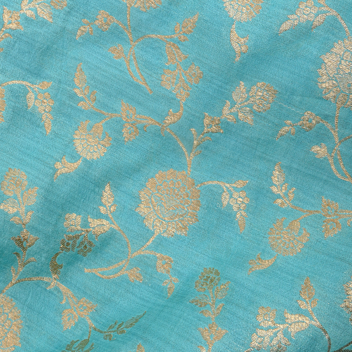 Aqua Blue Floral Parsi Jamawar Silk Fabric