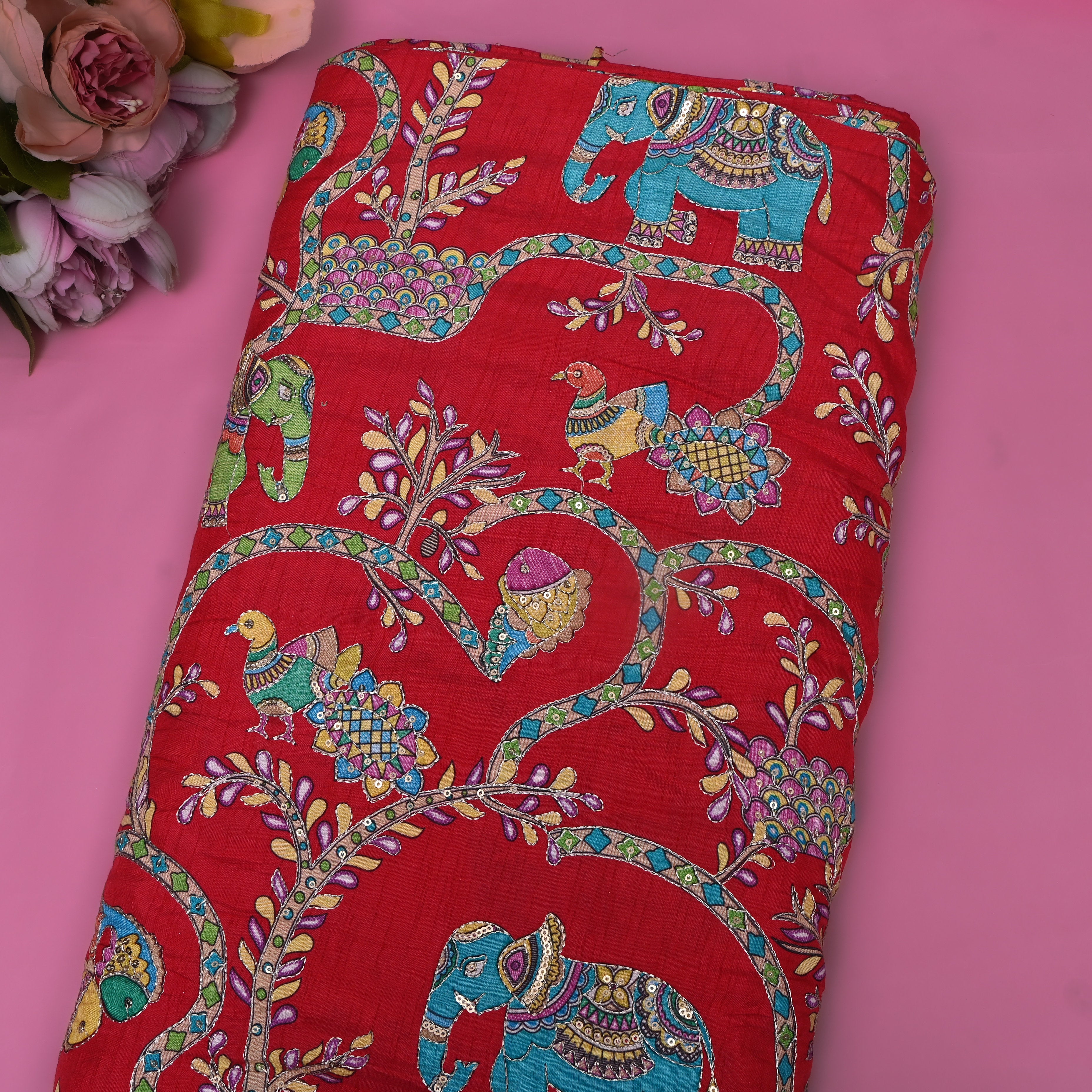 Poppy Red Printed Shikargah Fabric