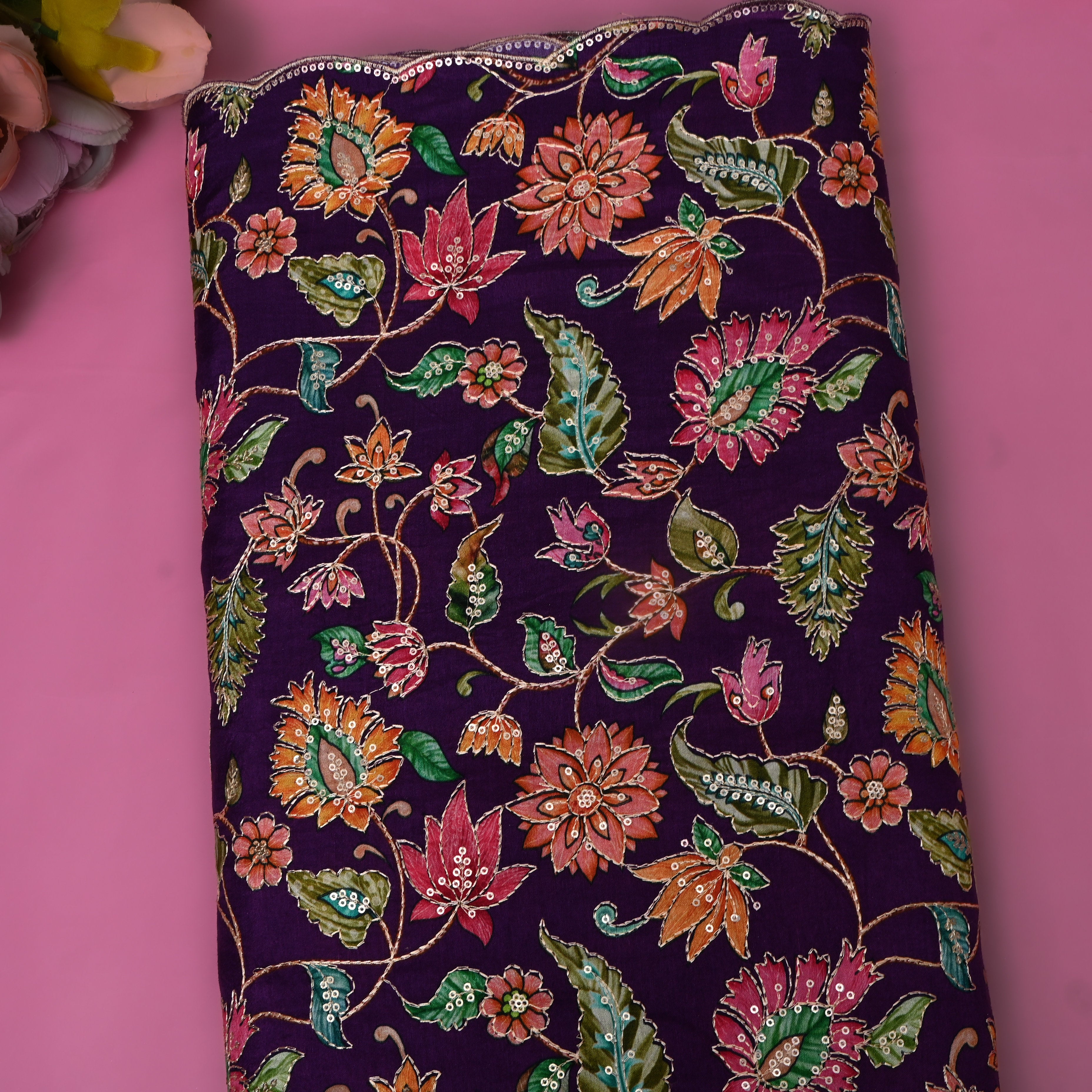 Deep Purple Multicolour Floral Sequin Embroidery Chinon Silk Fabric