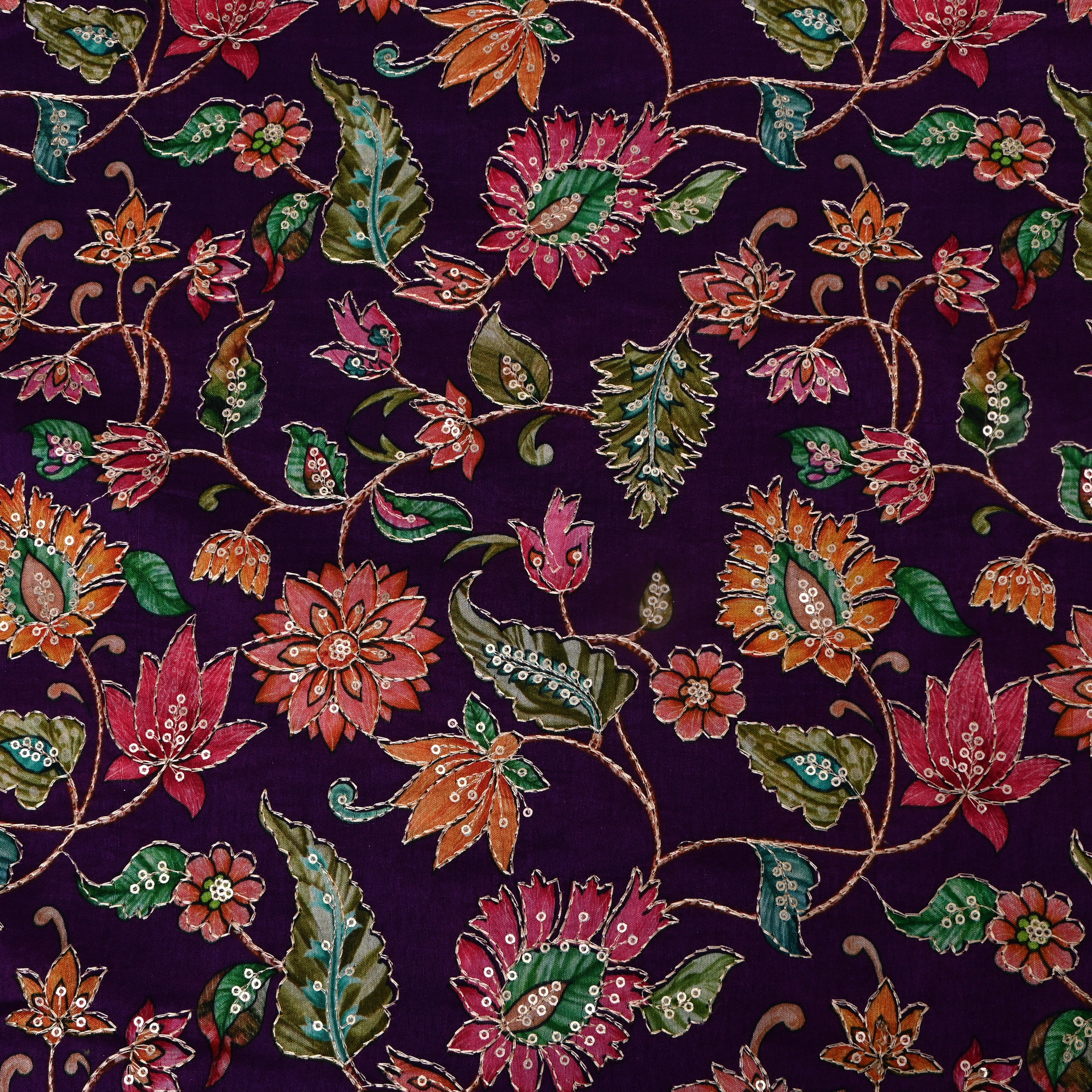 Deep Purple Multicolour Floral Sequin Embroidery Chinon Silk Fabric