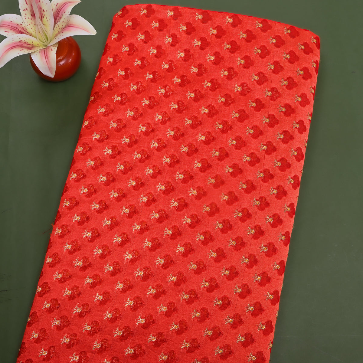 Chilli Red Gold Zari Butti Self Weave Jamawar Silk Fabric