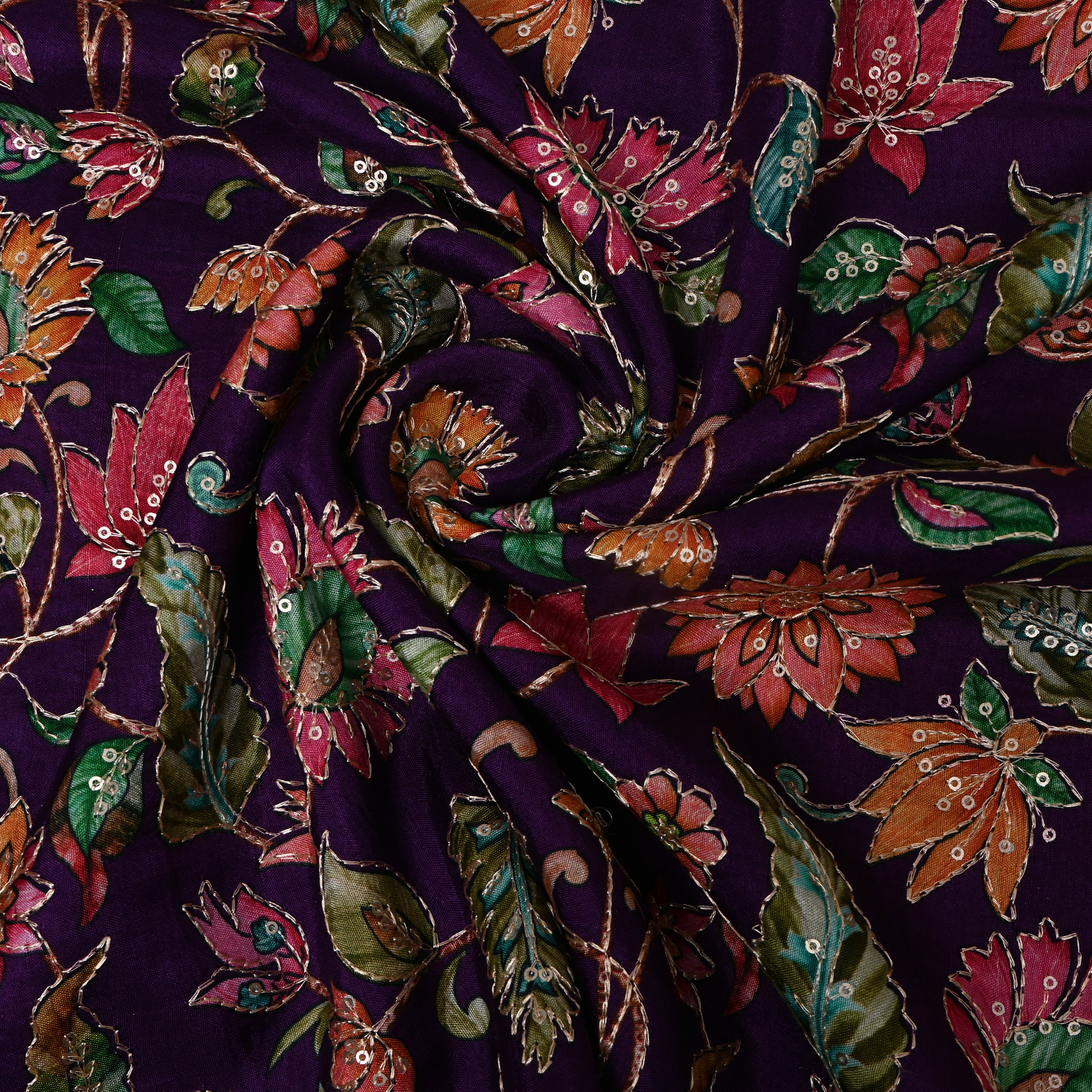 Deep Purple Multicolour Floral Sequin Embroidery Chinon Silk Fabric