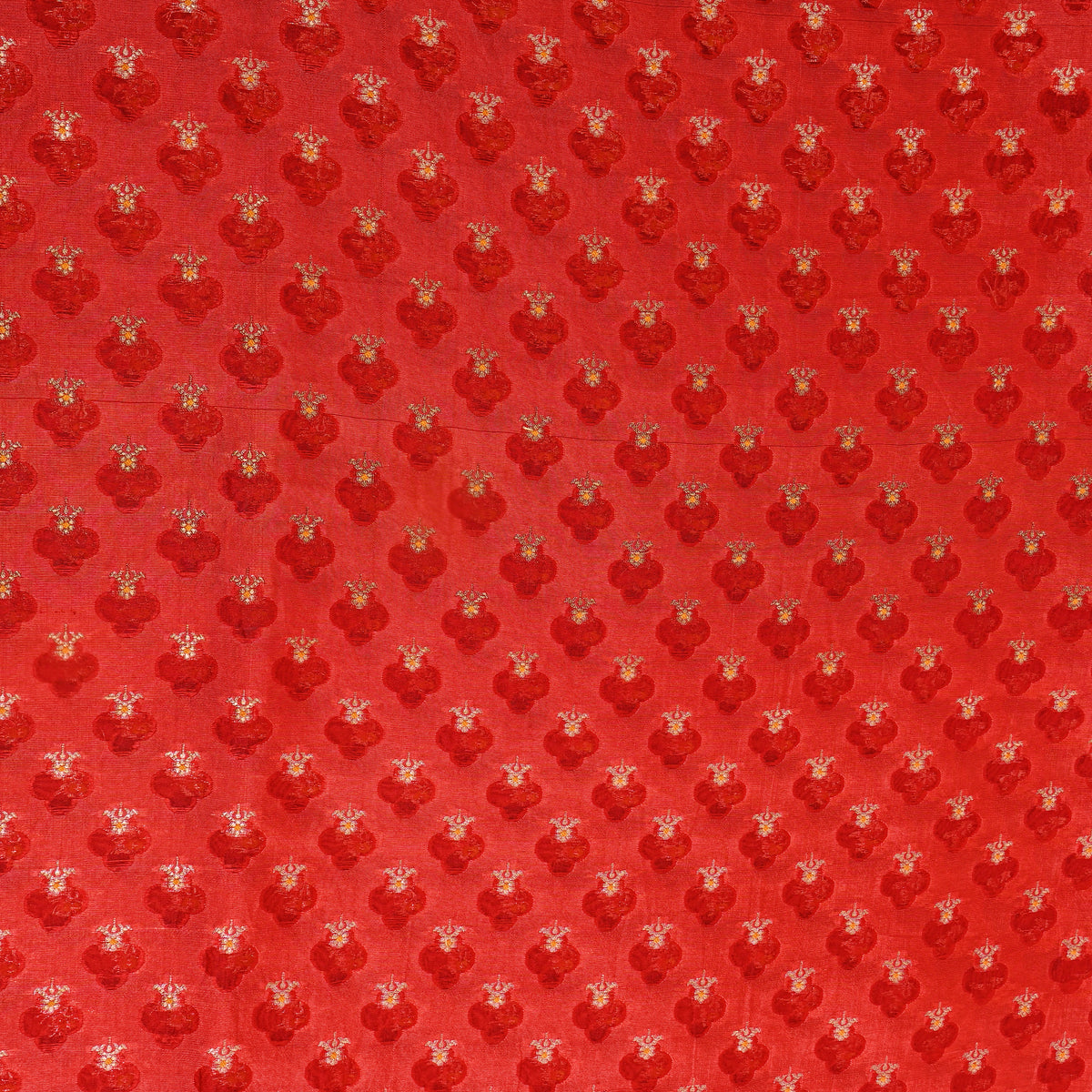 Chilli Red Gold Zari Butti Self Weave Jamawar Silk Fabric