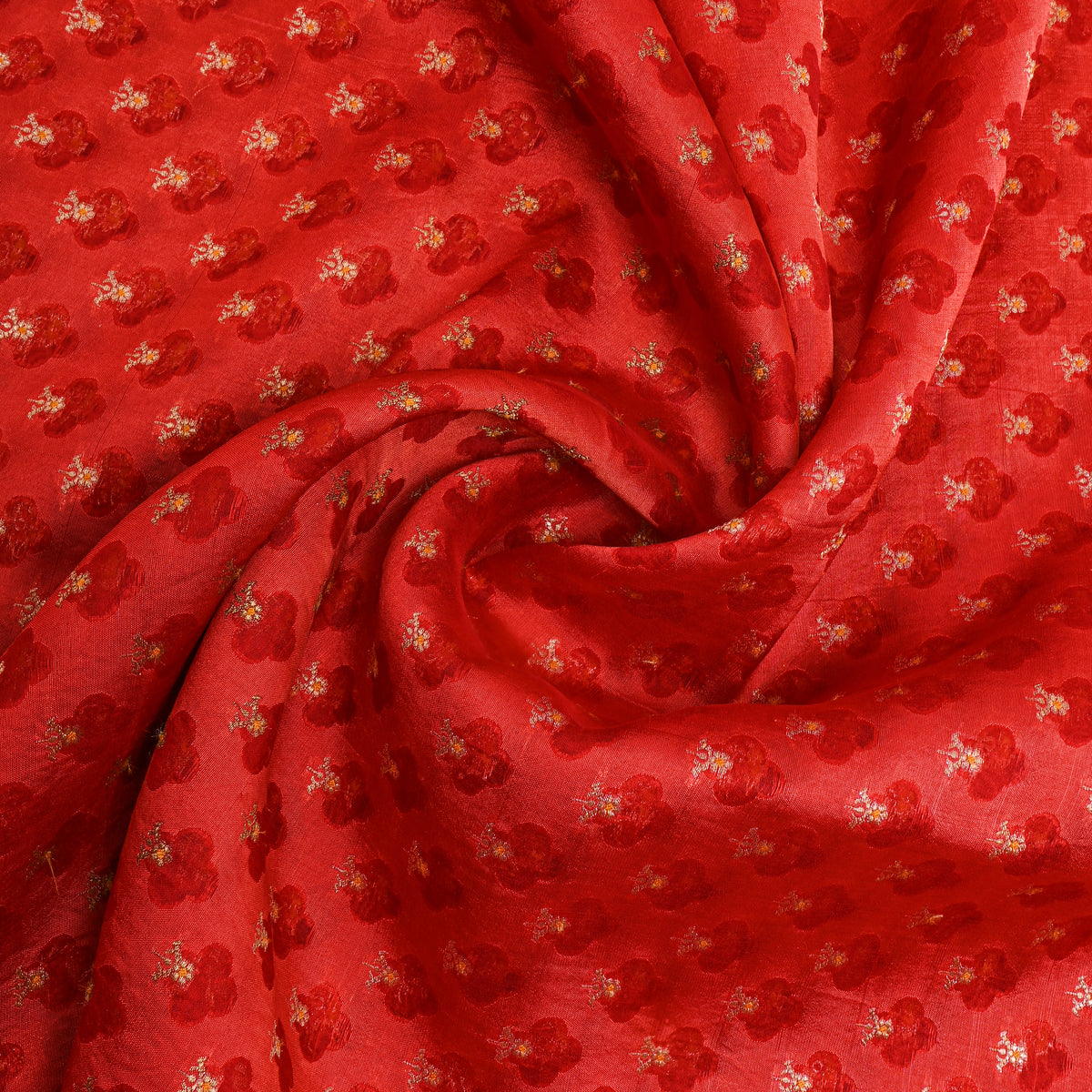 Chilli Red Gold Zari Butti Self Weave Jamawar Silk Fabric