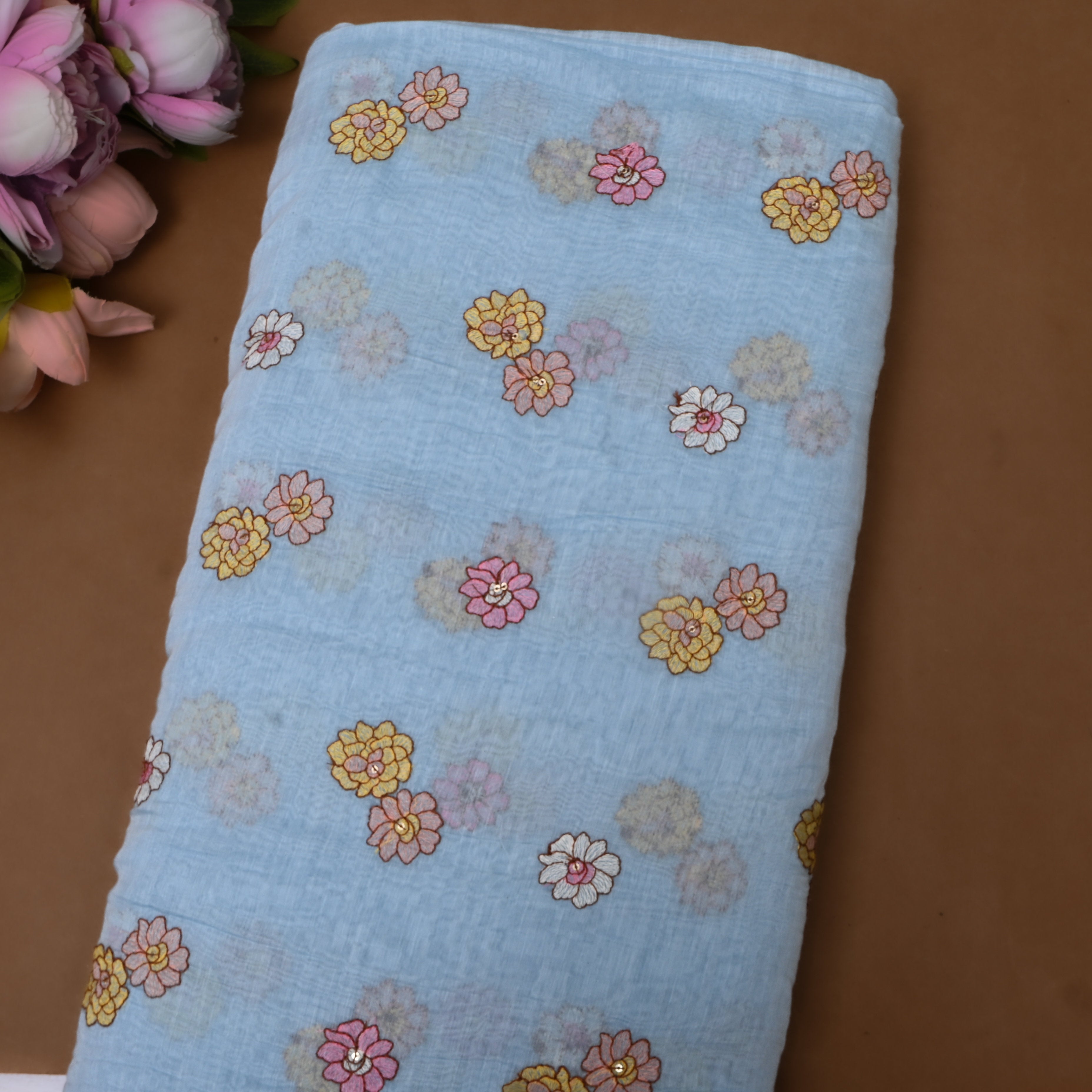 Powder Blue Chanderi With Scattered Floral Sequin Work