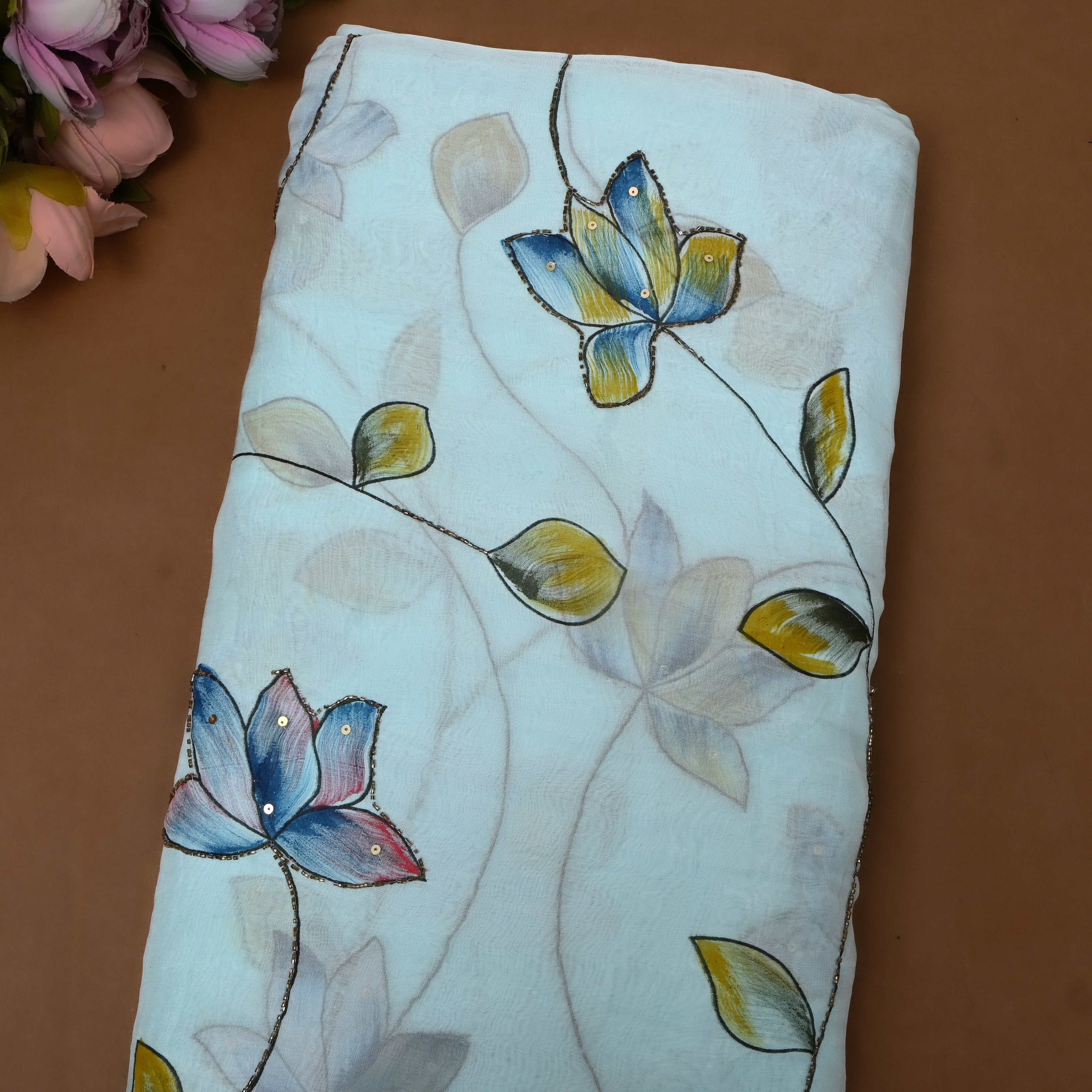 Ice Blue Embroidery Georgette With Floral & Leaf Motifs