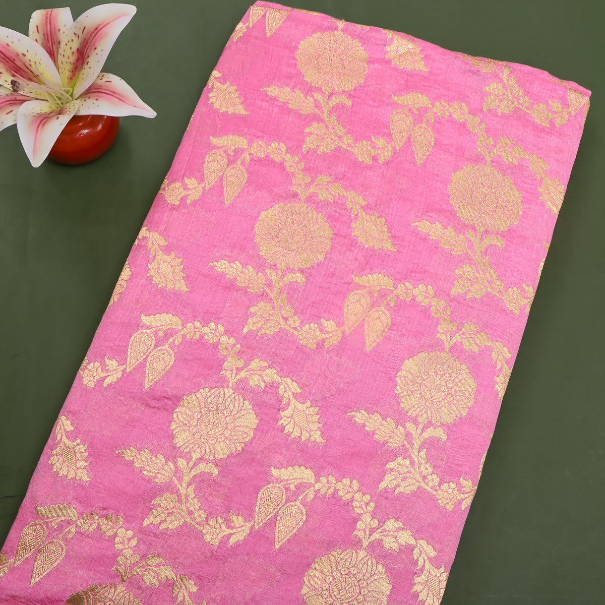 Bubblegum Pink Gold Zari Vine Jaal Jamawar Silk Fabric