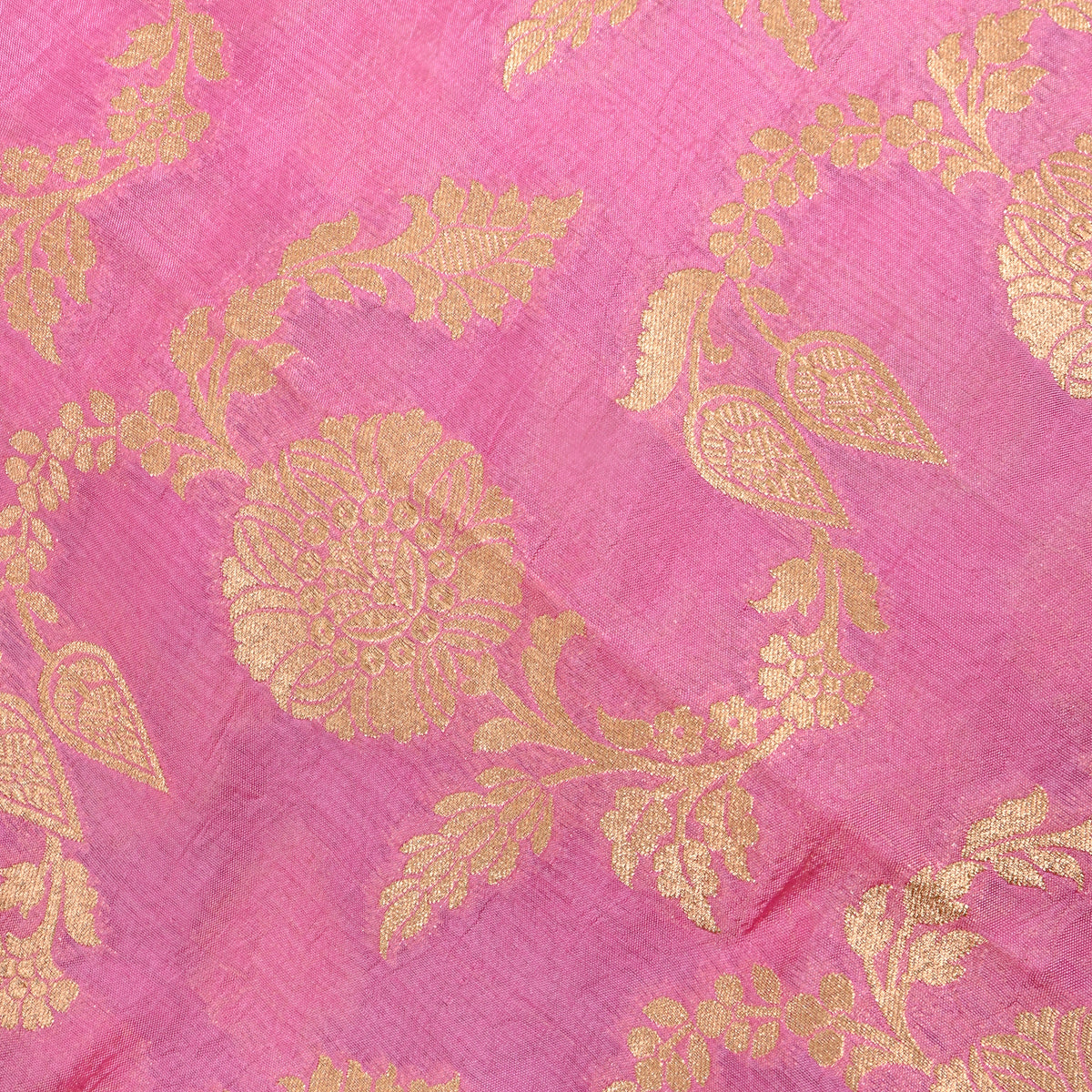 Bubblegum Pink Gold Zari Vine Jaal Jamawar Silk Fabric