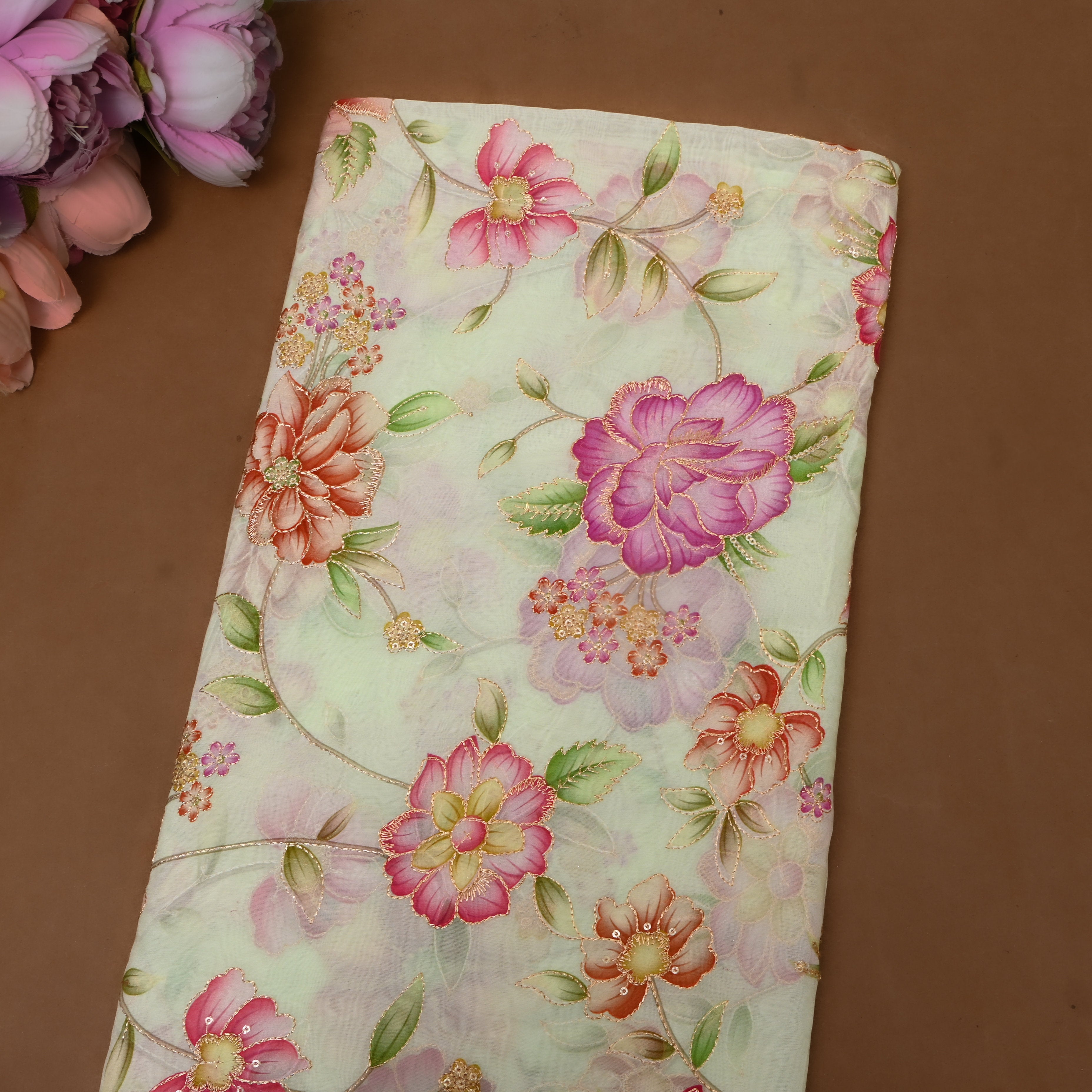 Mint Green Multicolour Floral Sequin Embroidery Organza Fabric