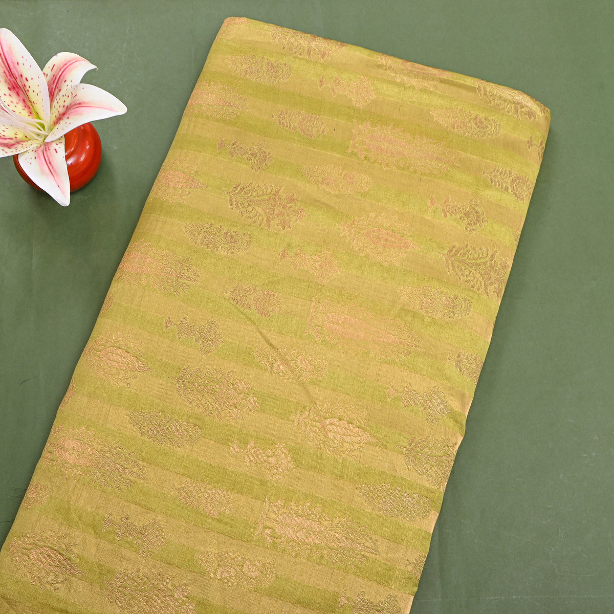 Lime Green Gold Zari Butti Stripe Jamawar Silk Fabric