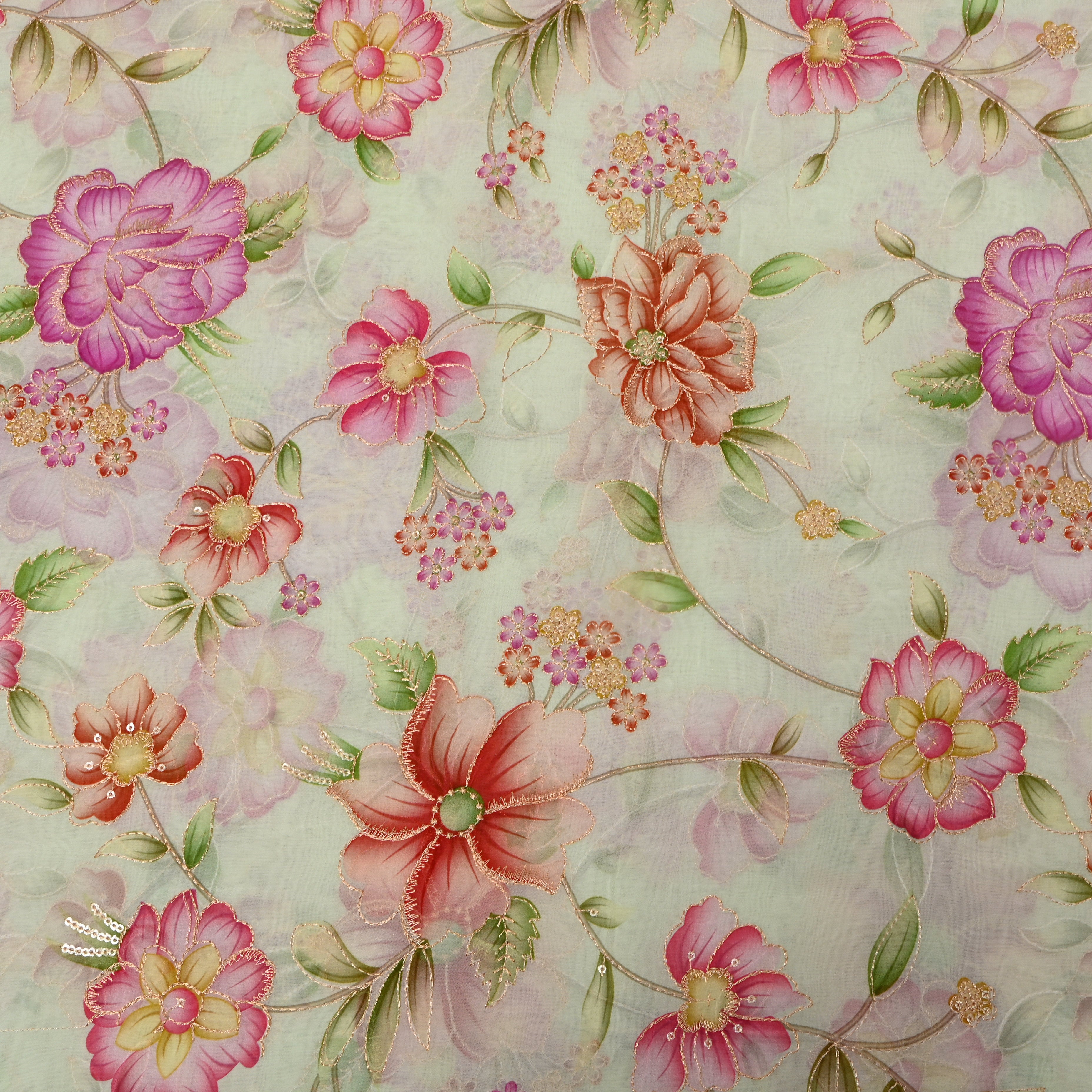 Mint Green Multicolour Floral Sequin Embroidery Organza Fabric