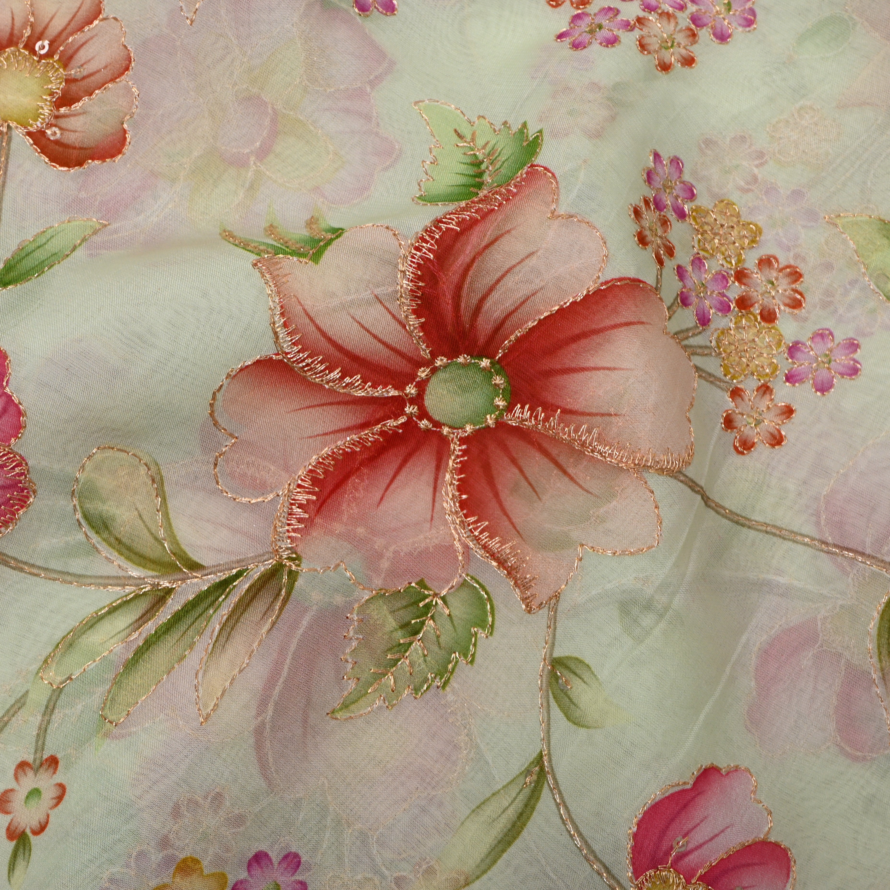 Mint Green Multicolour Floral Sequin Embroidery Organza Fabric