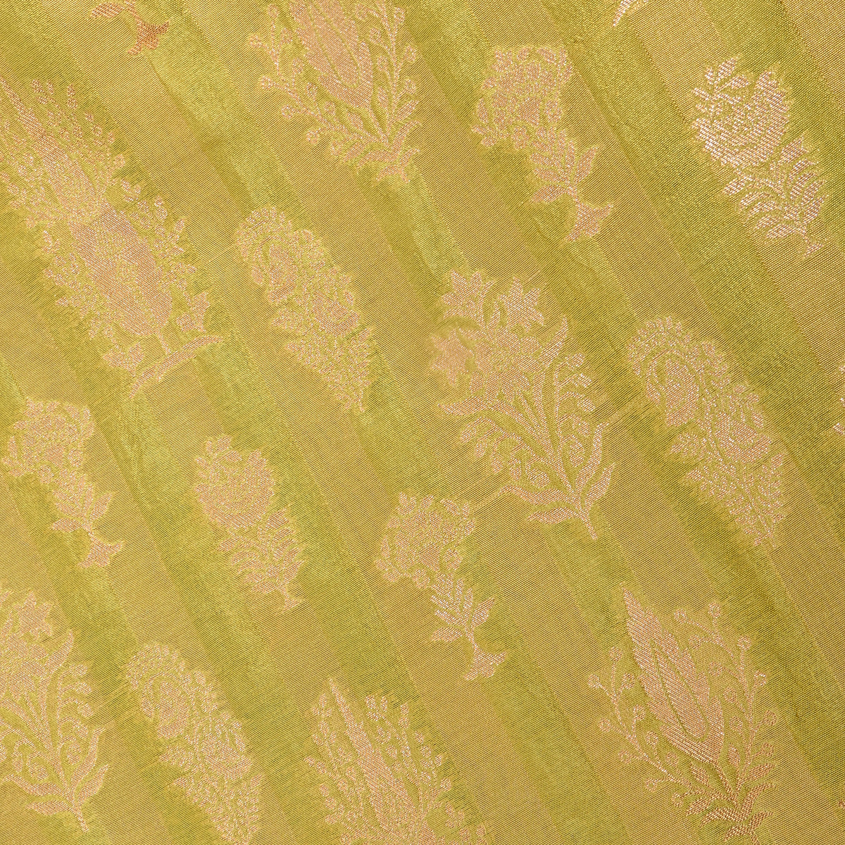 Lime Green Gold Zari Butti Stripe Jamawar Silk Fabric