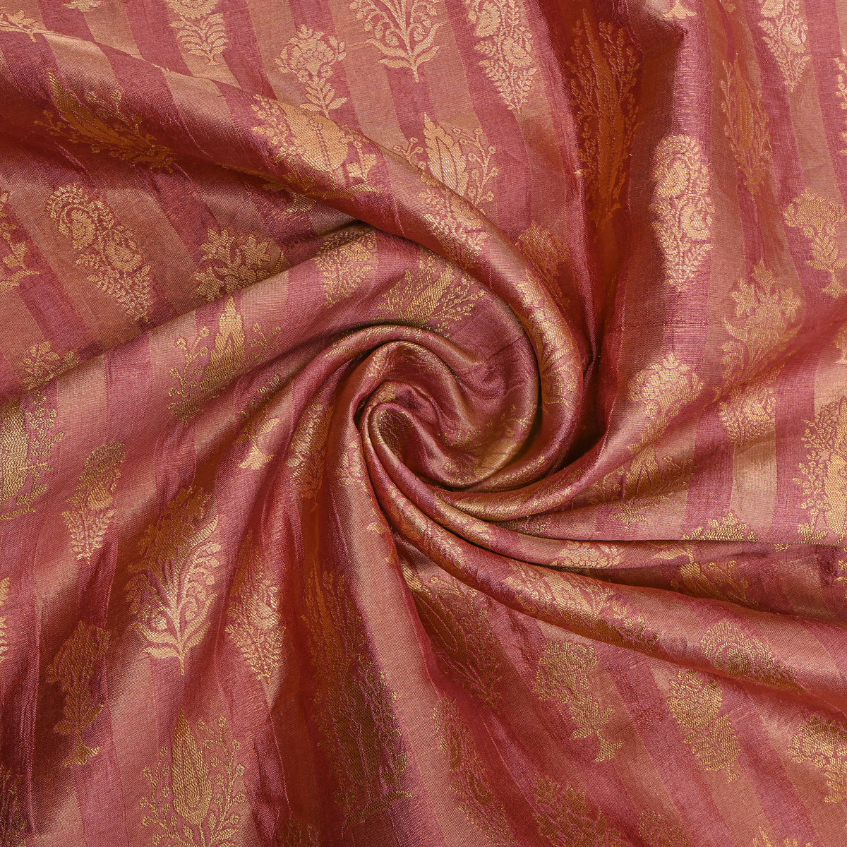 Rosewood Gold Zari Butti Stripe Jamawar Silk Fabric