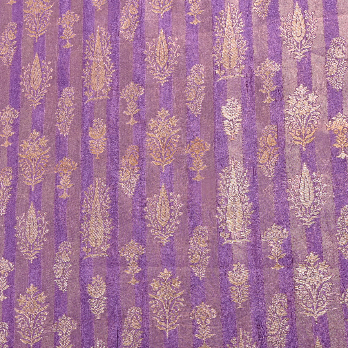 Lavender Gold Zari Butti Stripe Jamawar Silk Fabric