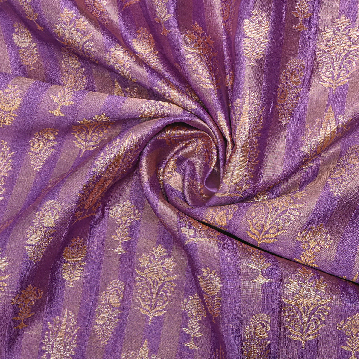 Lavender Gold Zari Butti Stripe Jamawar Silk Fabric