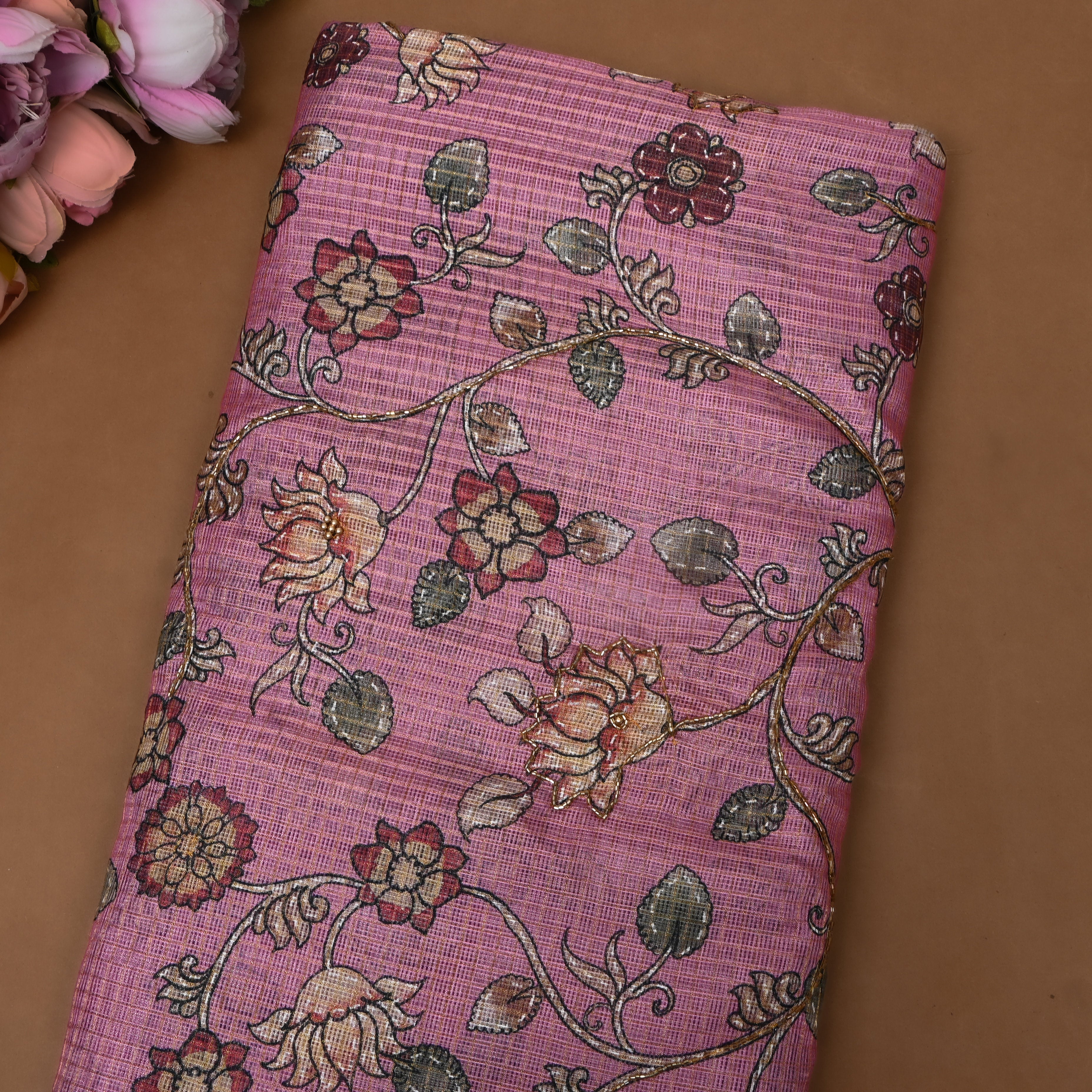 Orchid Pink Printed Embroidery Silk With Floral Vine