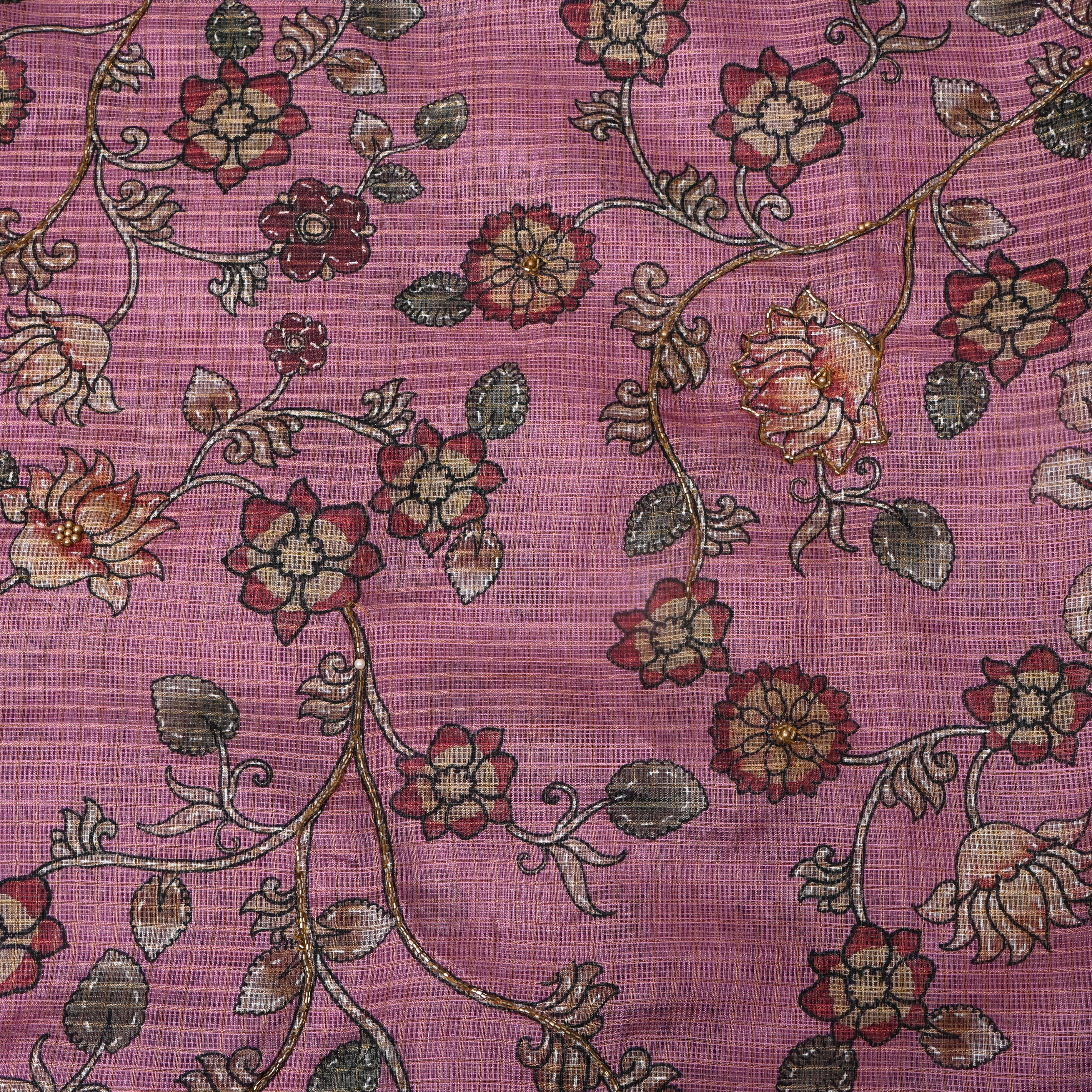 Orchid Pink Printed Embroidery Silk With Floral Vine
