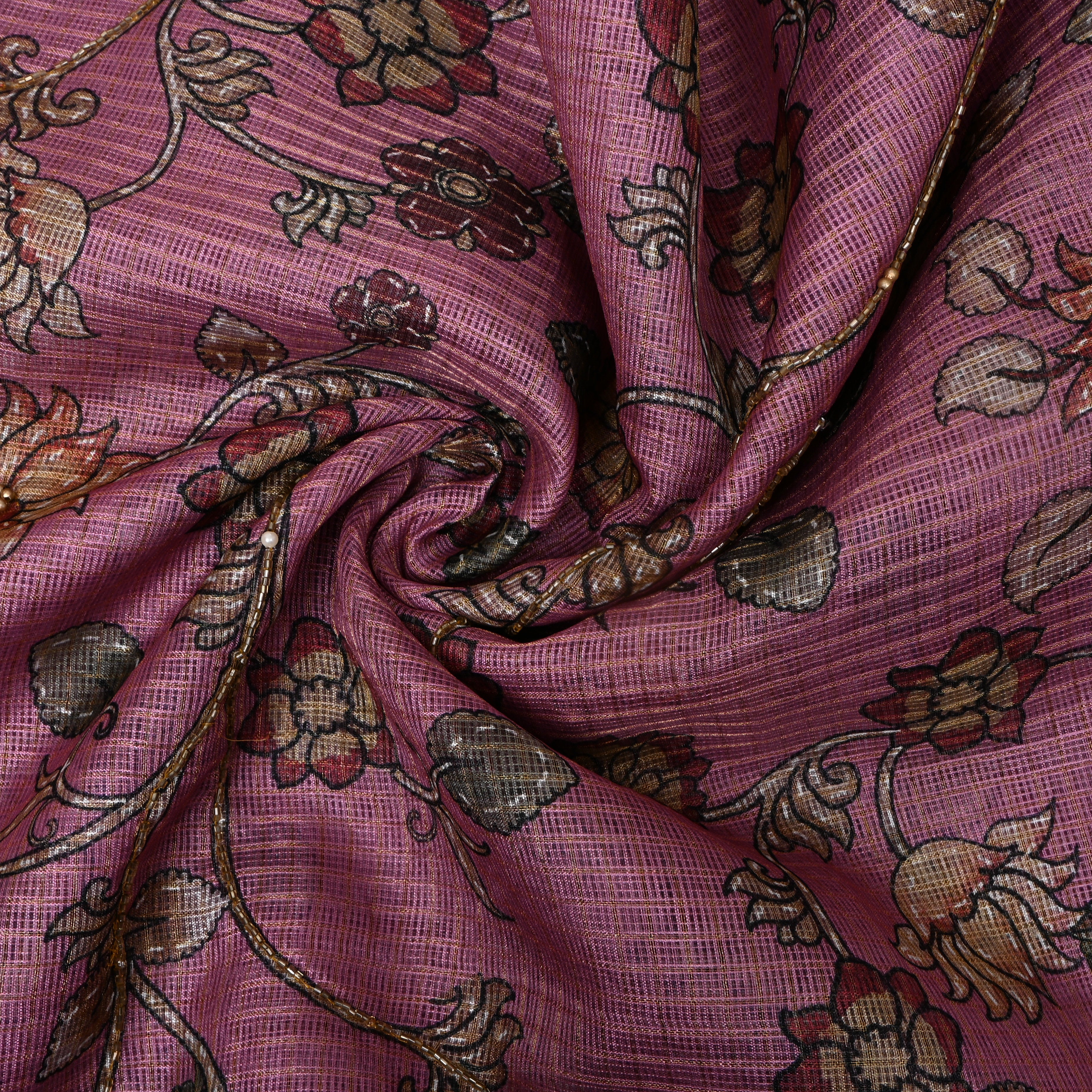 Orchid Pink Printed Embroidery Silk With Floral Vine