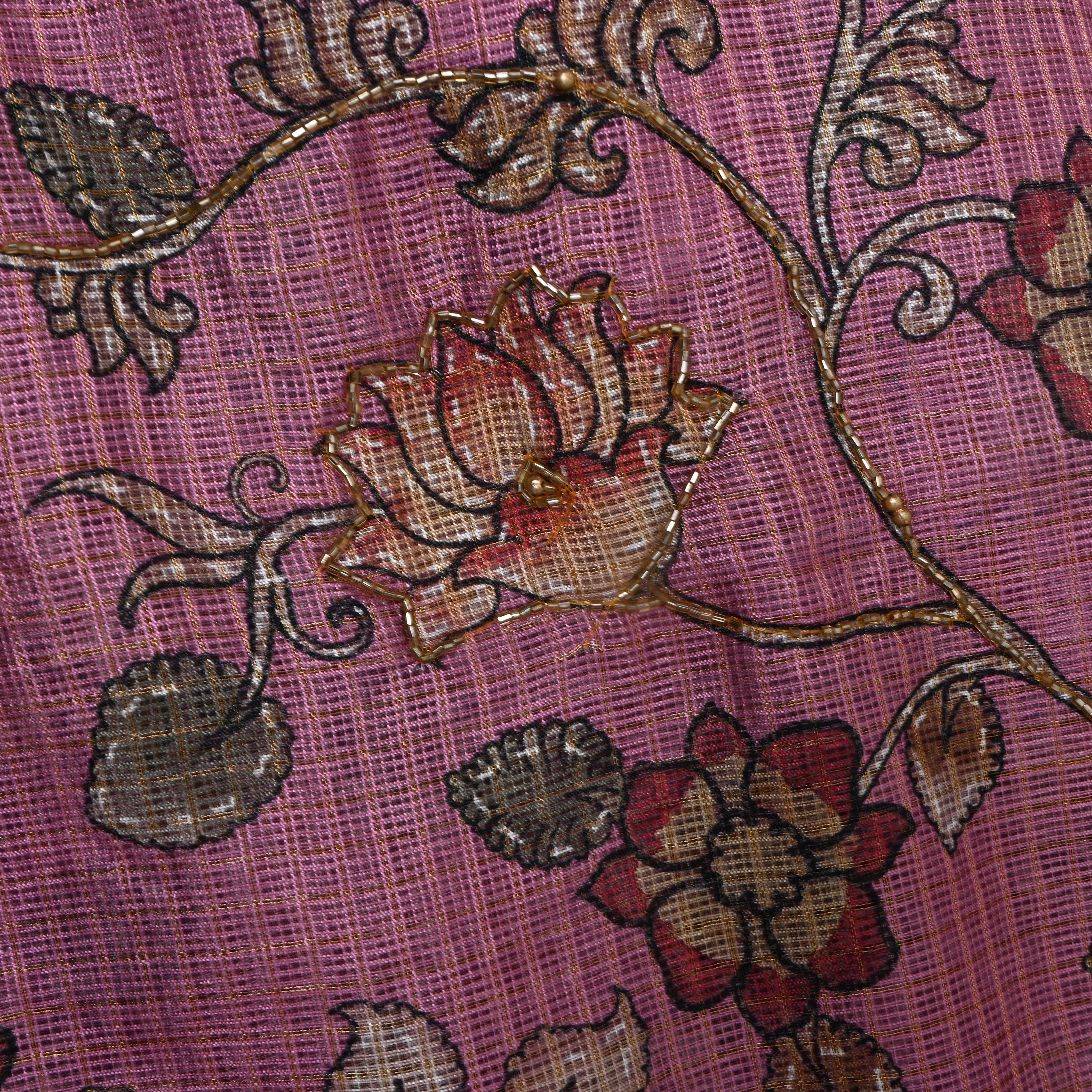 Orchid Pink Printed Embroidery Silk With Floral Vine