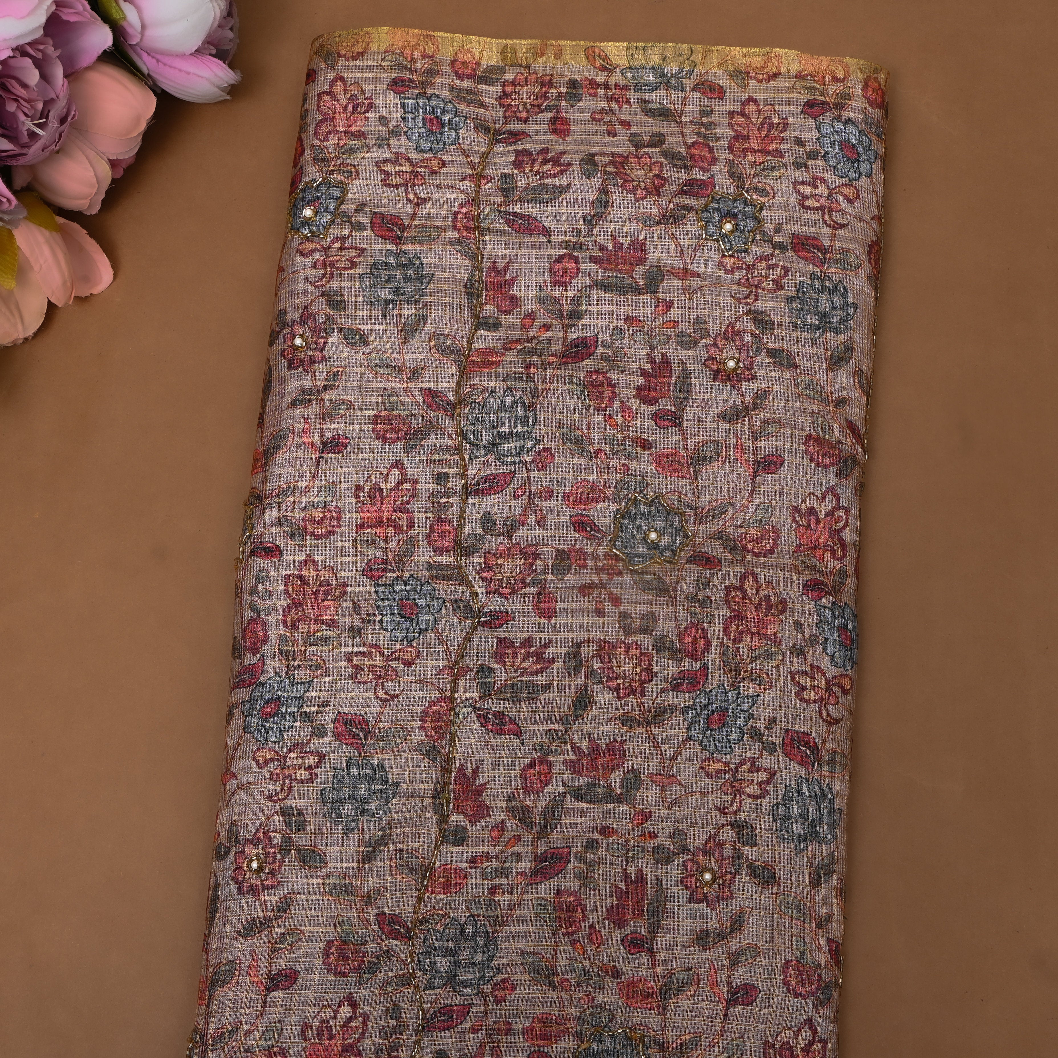 Warm Beige Printed Embroidery Silk With Floral Vine