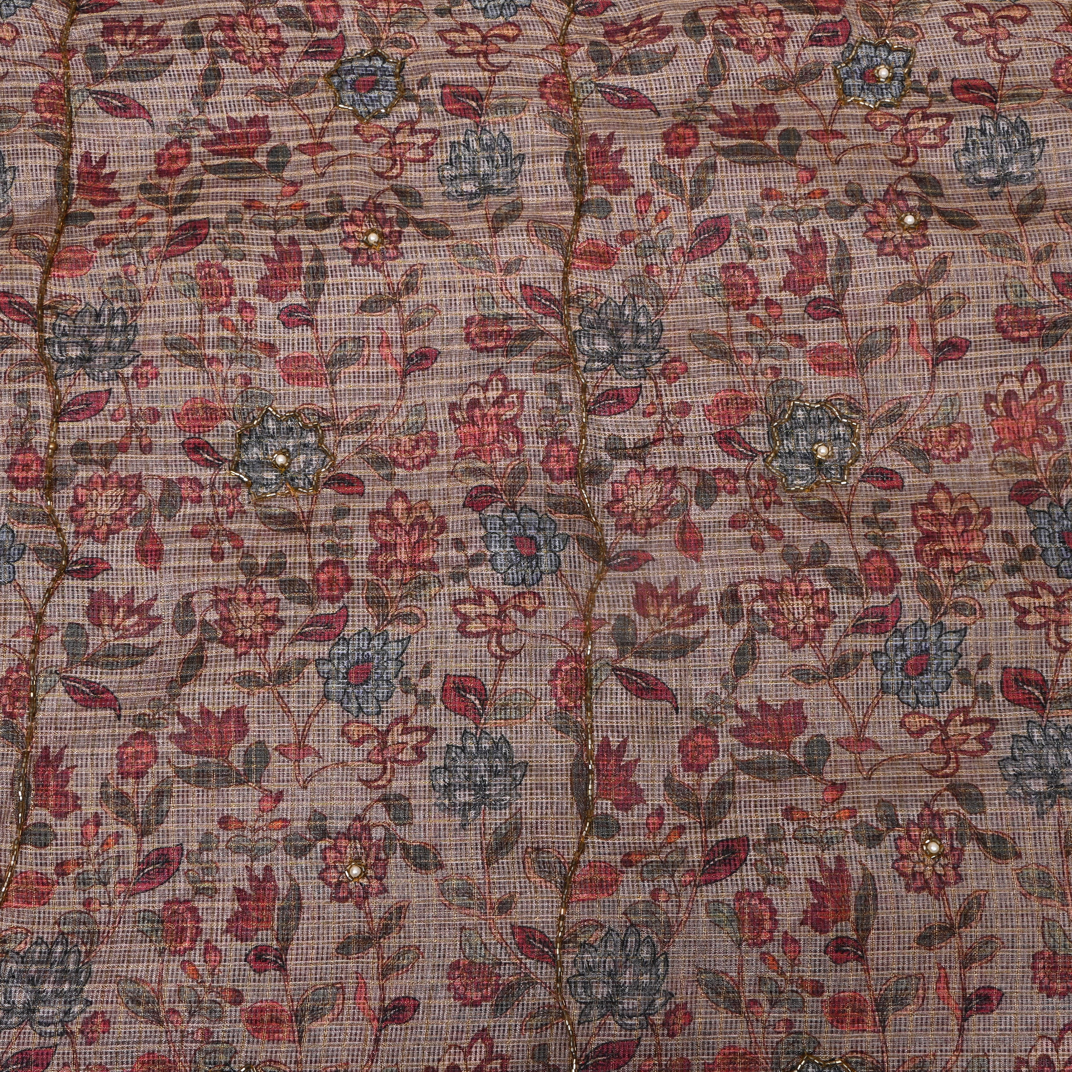 Warm Beige Printed Embroidery Silk With Floral Vine