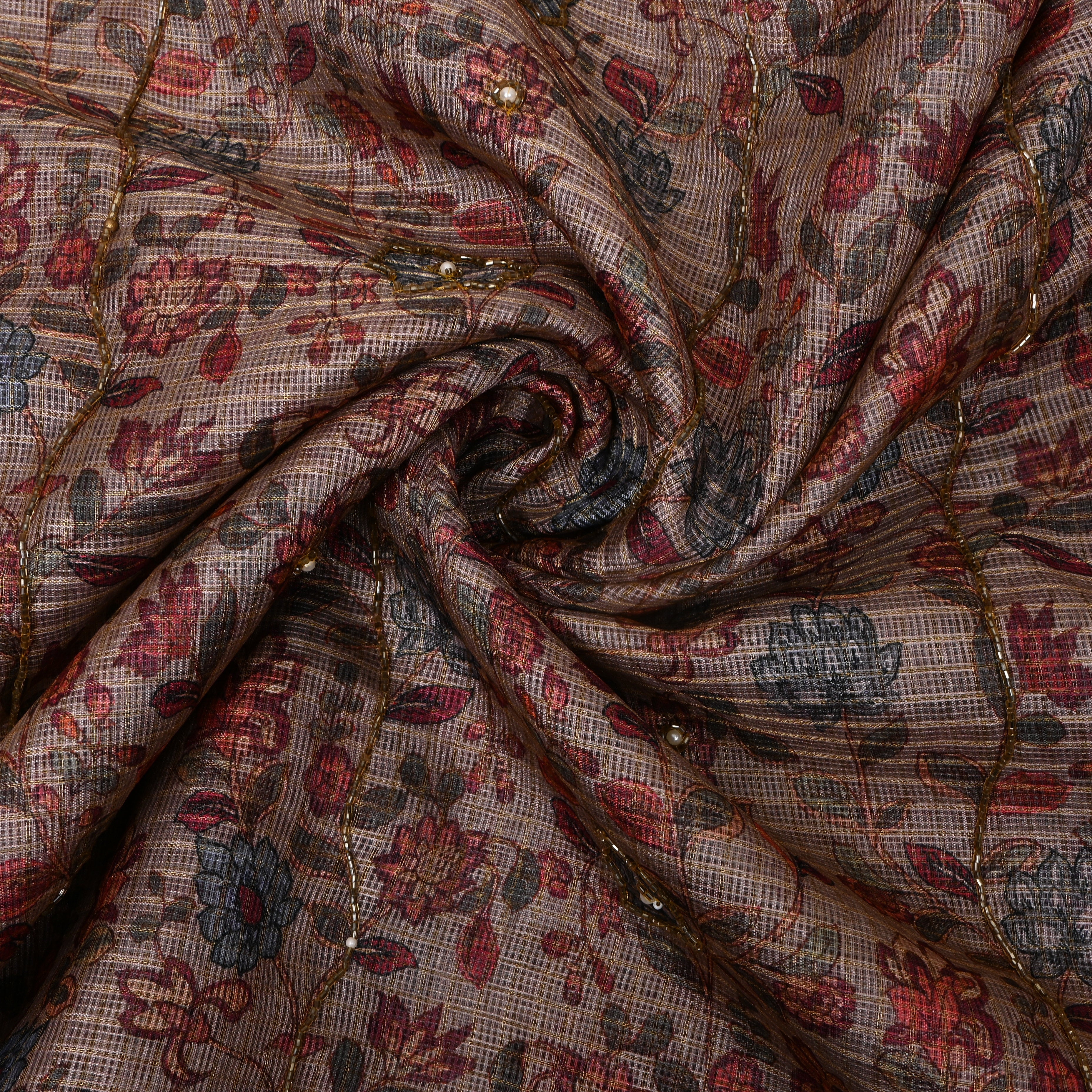 Warm Beige Printed Embroidery Silk With Floral Vine