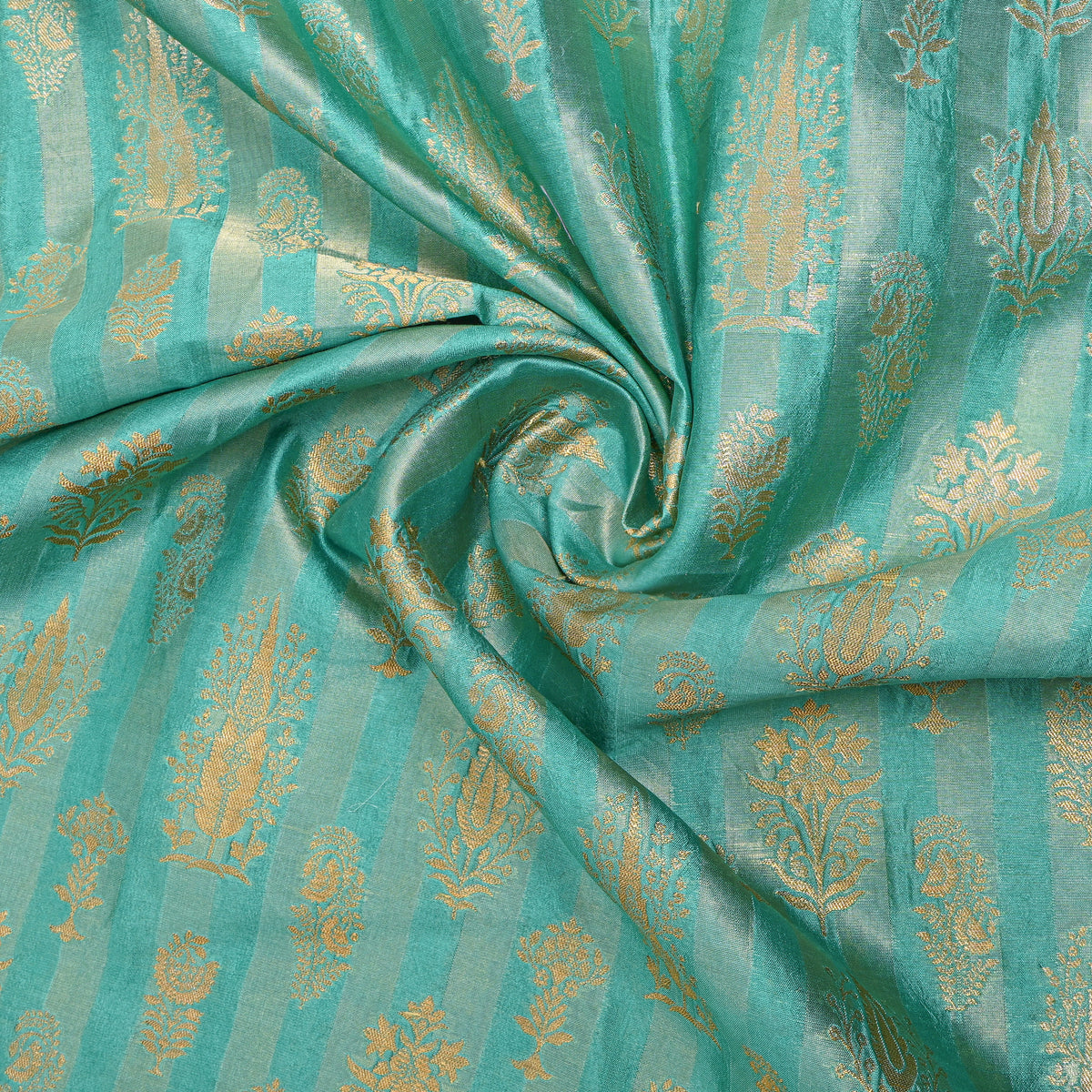 Turquoise Gold Zari Butti Stripe Jamawar Silk Fabric