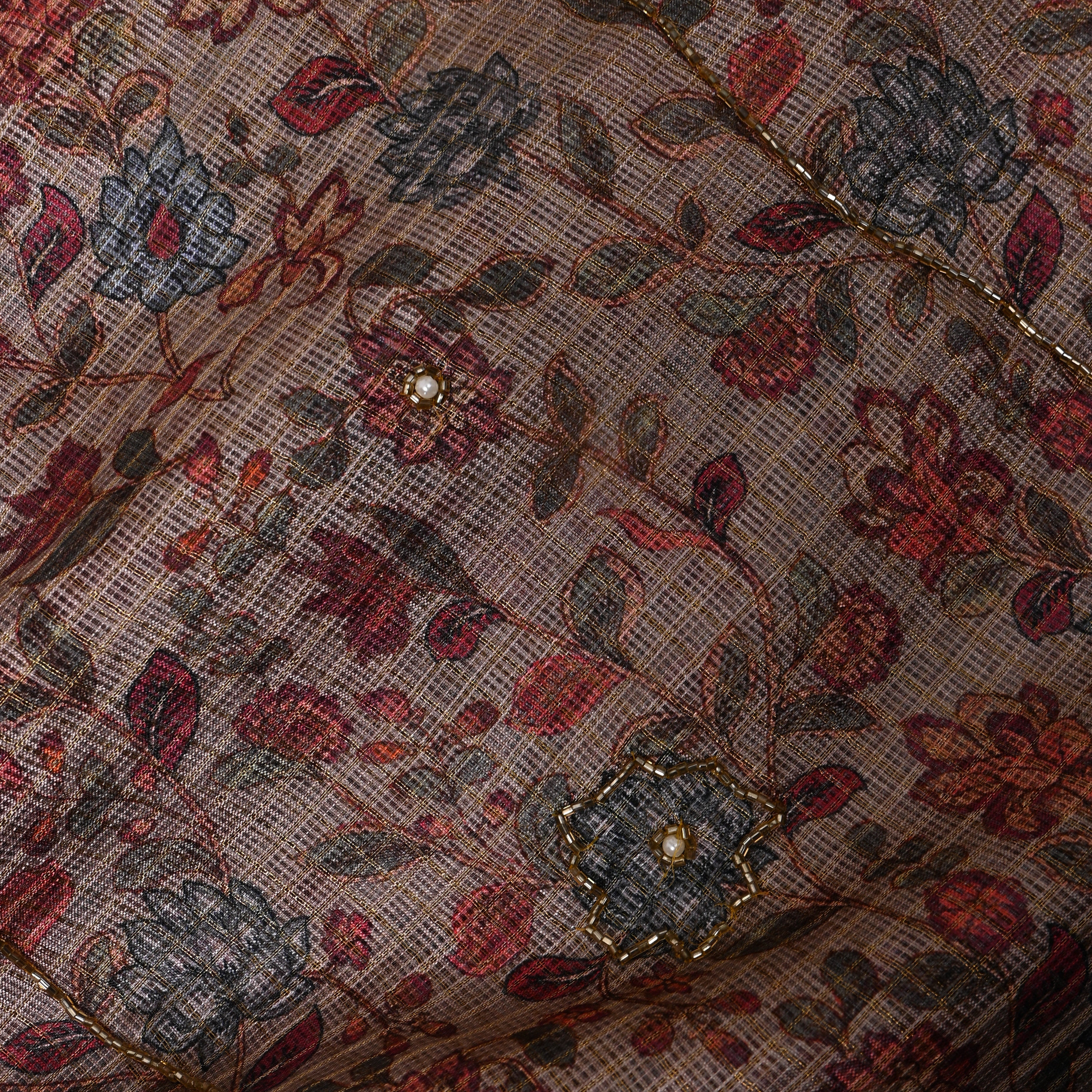 Warm Beige Printed Embroidery Silk With Floral Vine