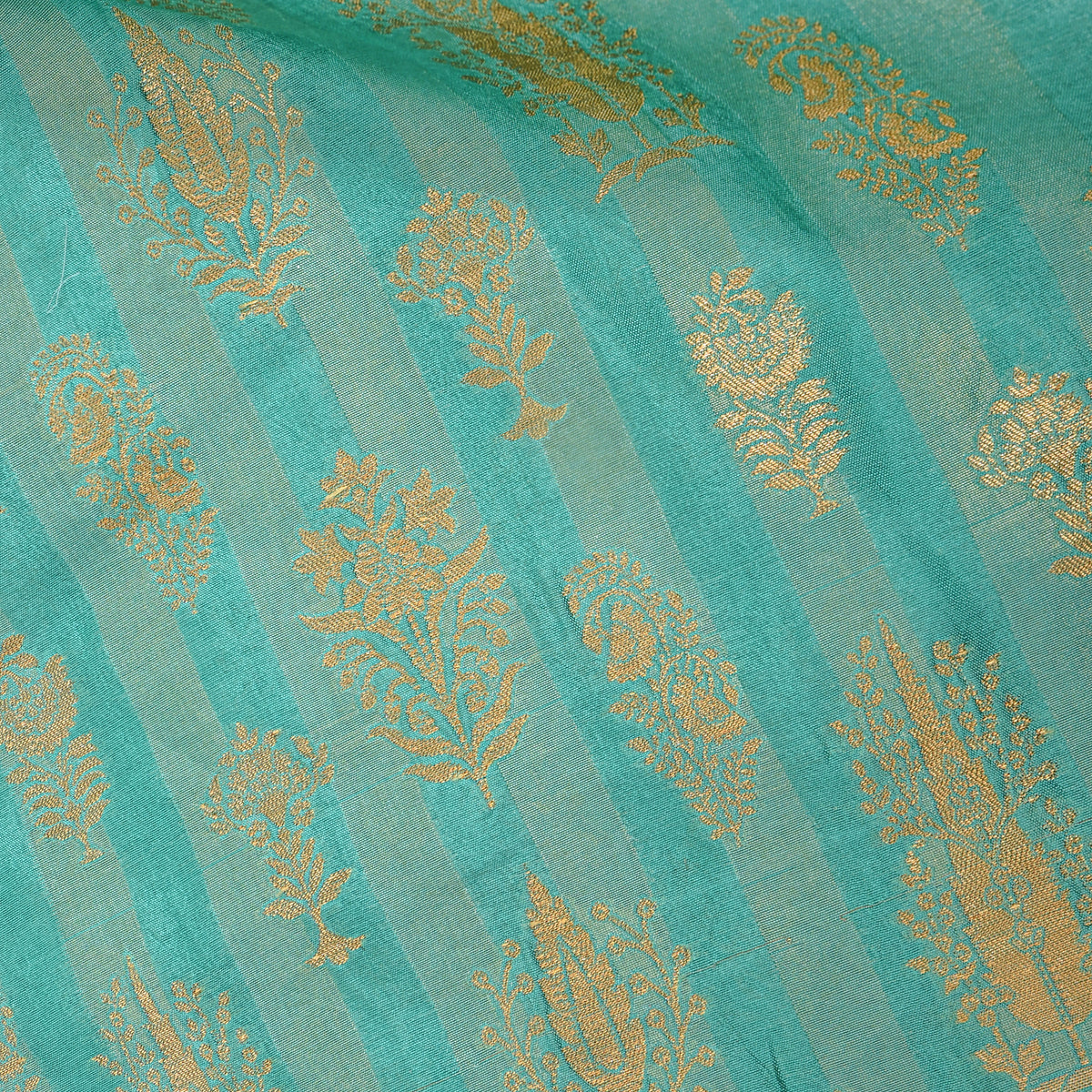 Turquoise Gold Zari Butti Stripe Jamawar Silk Fabric