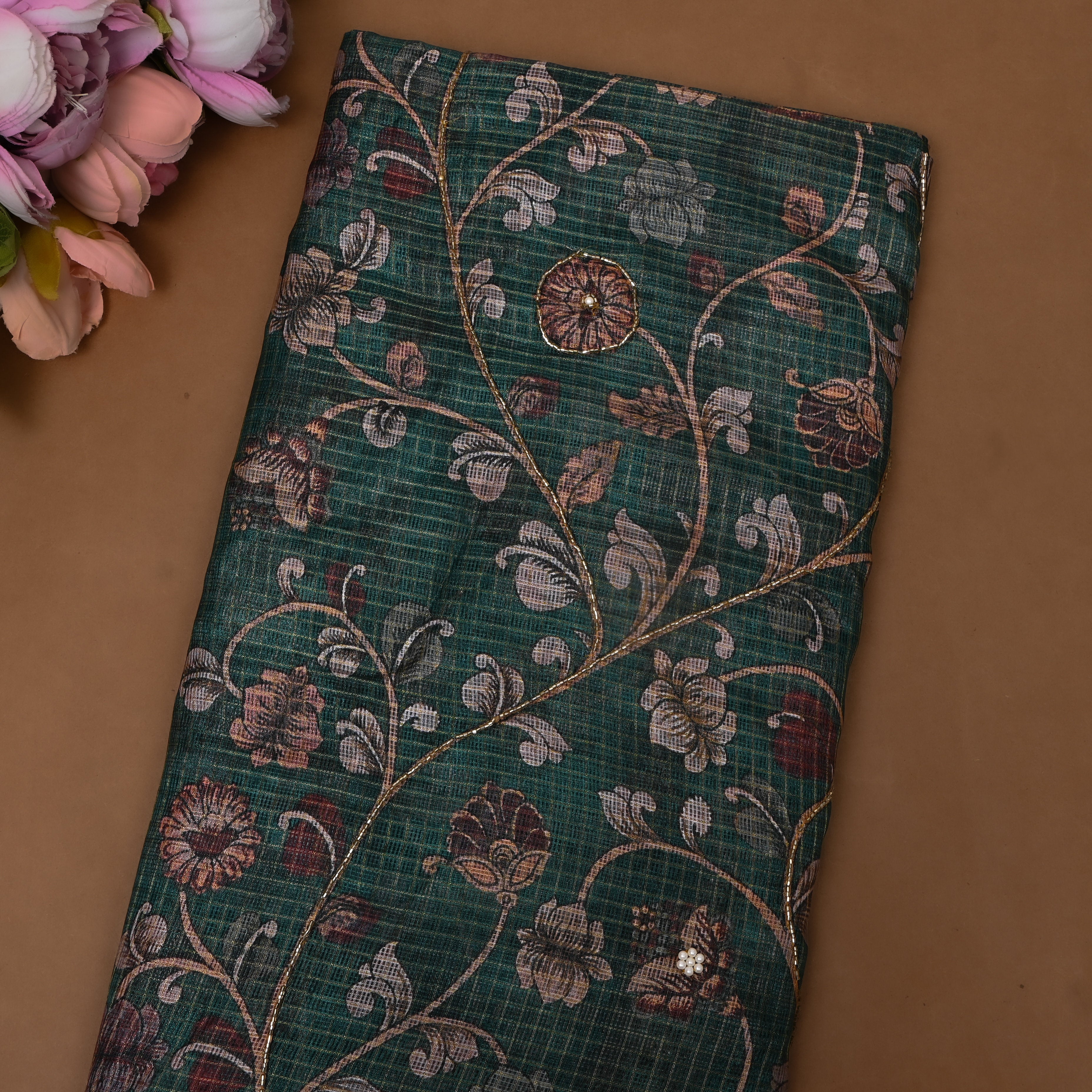 Bottle Green Printed Embroidery Silk With Floral Vine