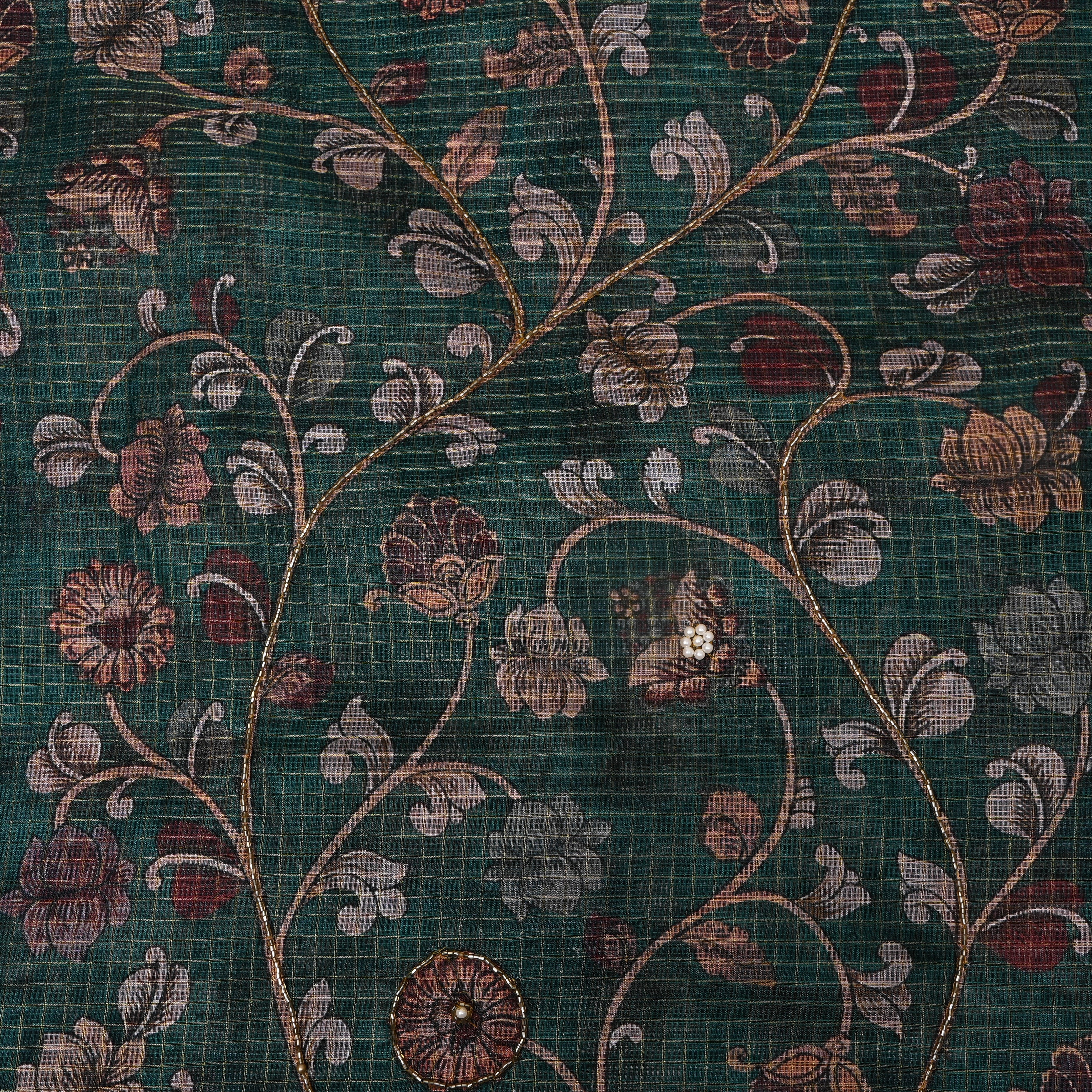 Bottle Green Printed Embroidery Silk With Floral Vine