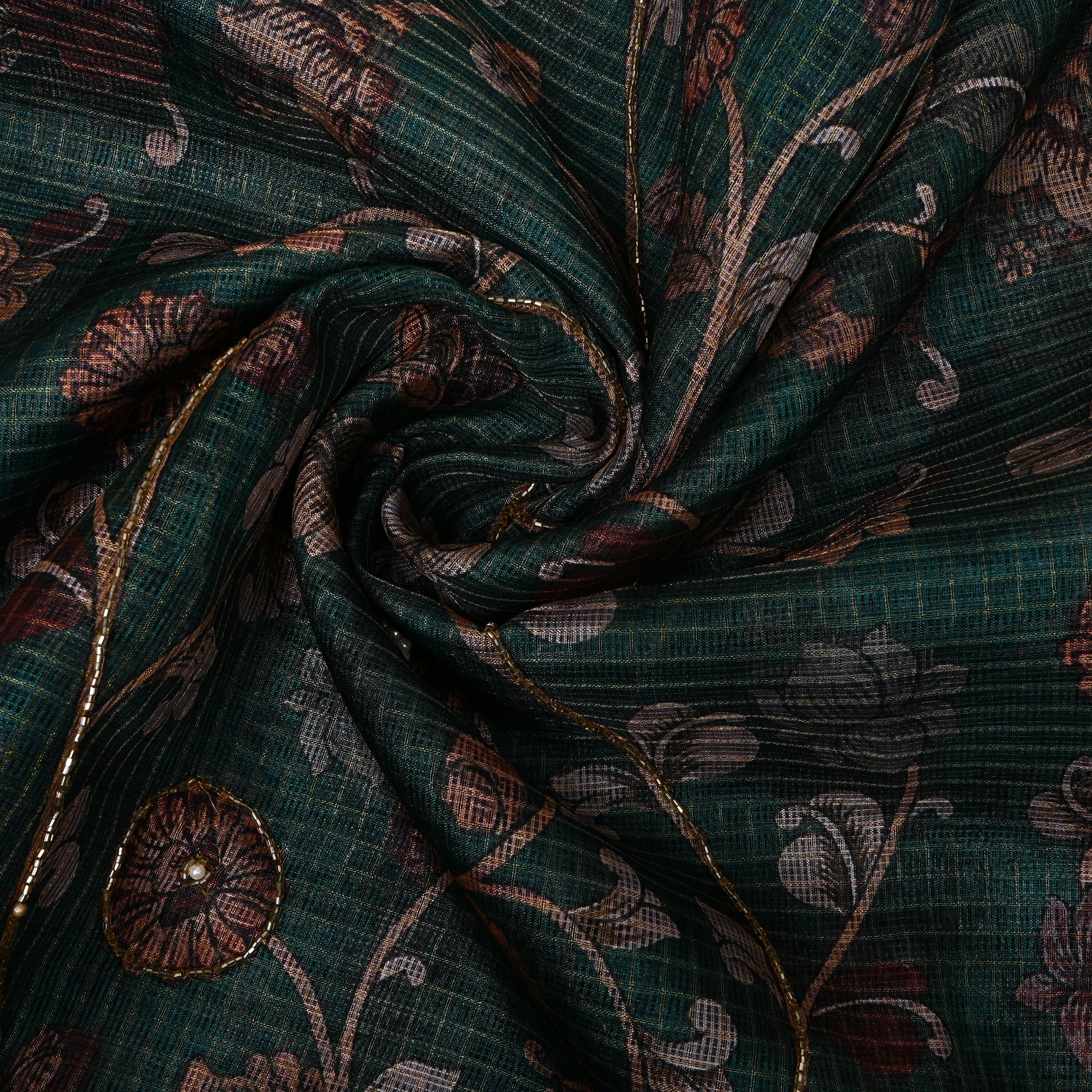 Bottle Green Printed Embroidery Silk With Floral Vine