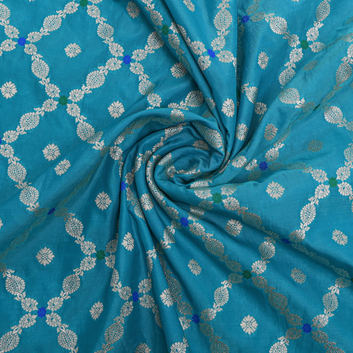 Cyan Blue Silver Zari Trellis Butti Jamawar Silk Fabric