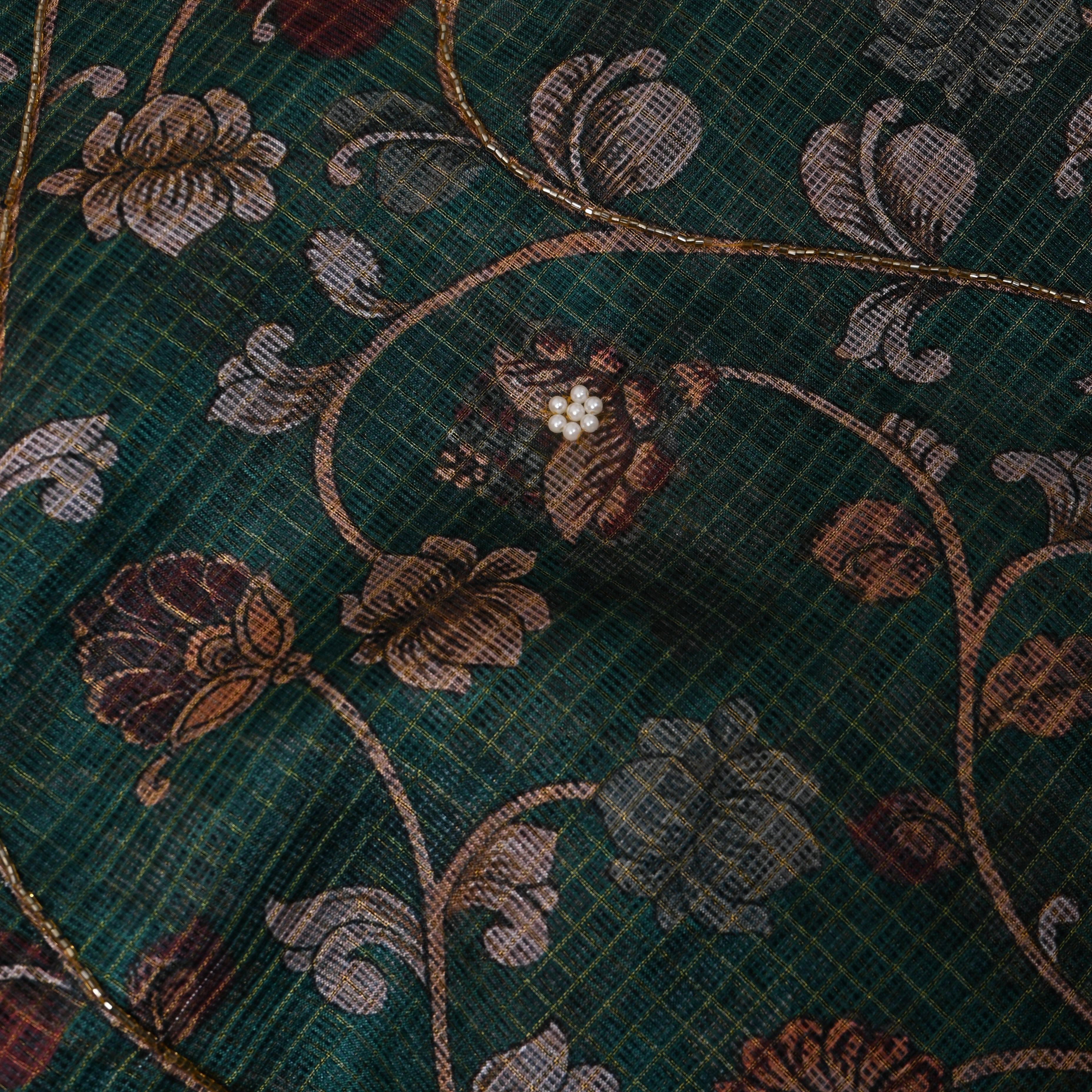 Bottle Green Printed Embroidery Silk With Floral Vine
