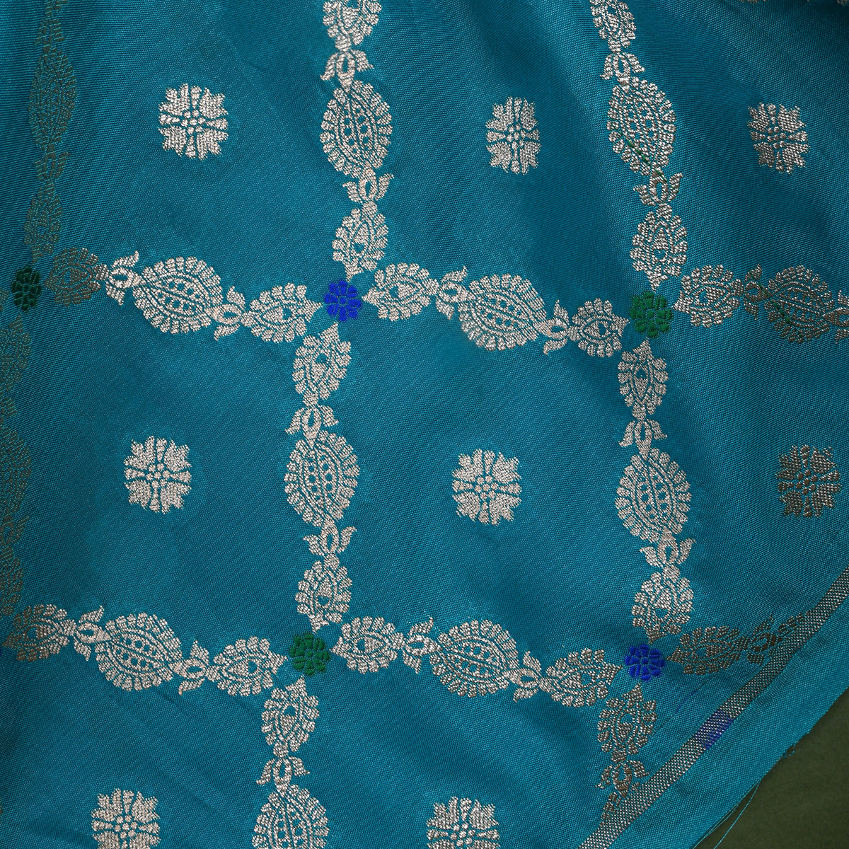 Cyan Blue Silver Zari Trellis Butti Jamawar Silk Fabric