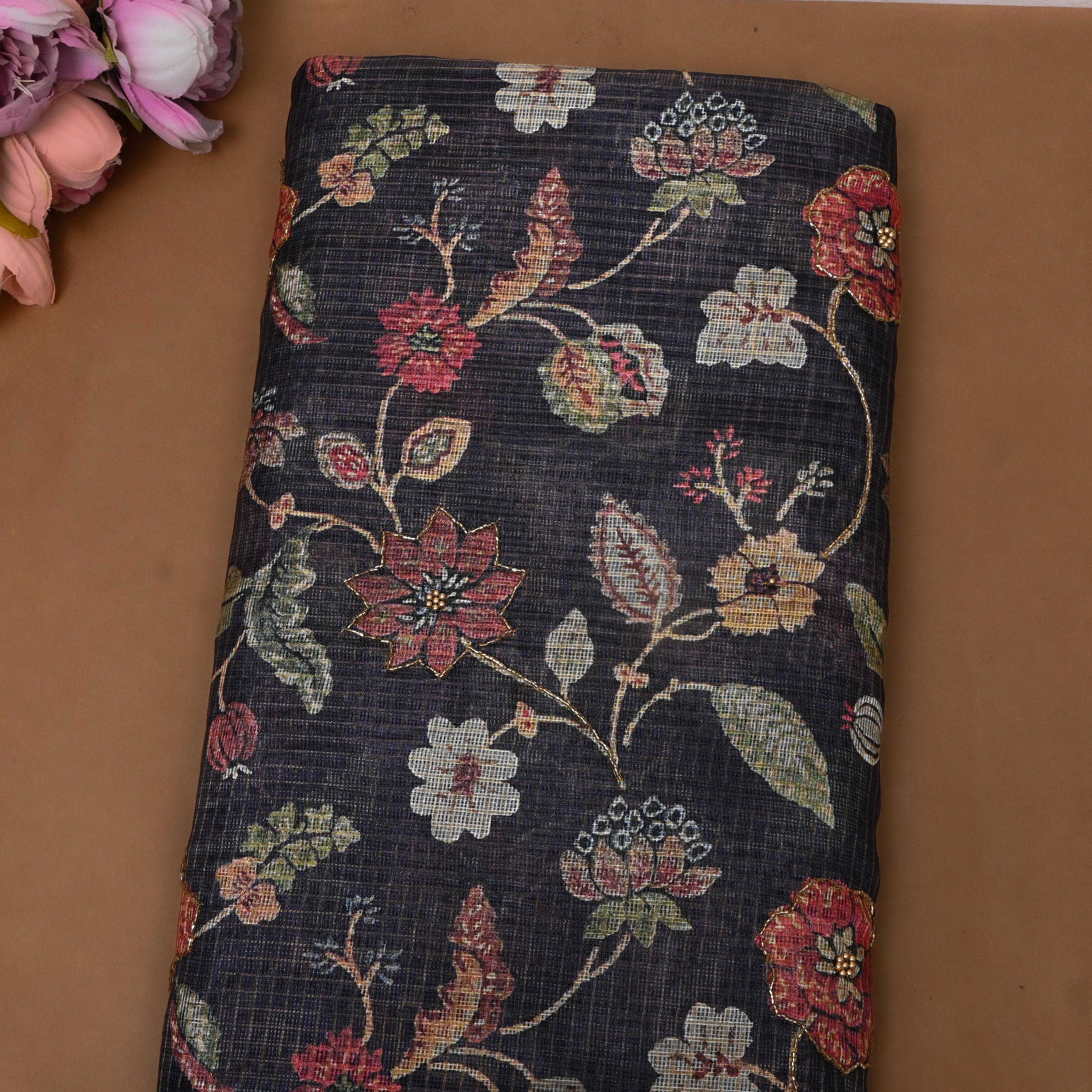 Deep Navy Printed Embroidery Silk With Floral Vine
