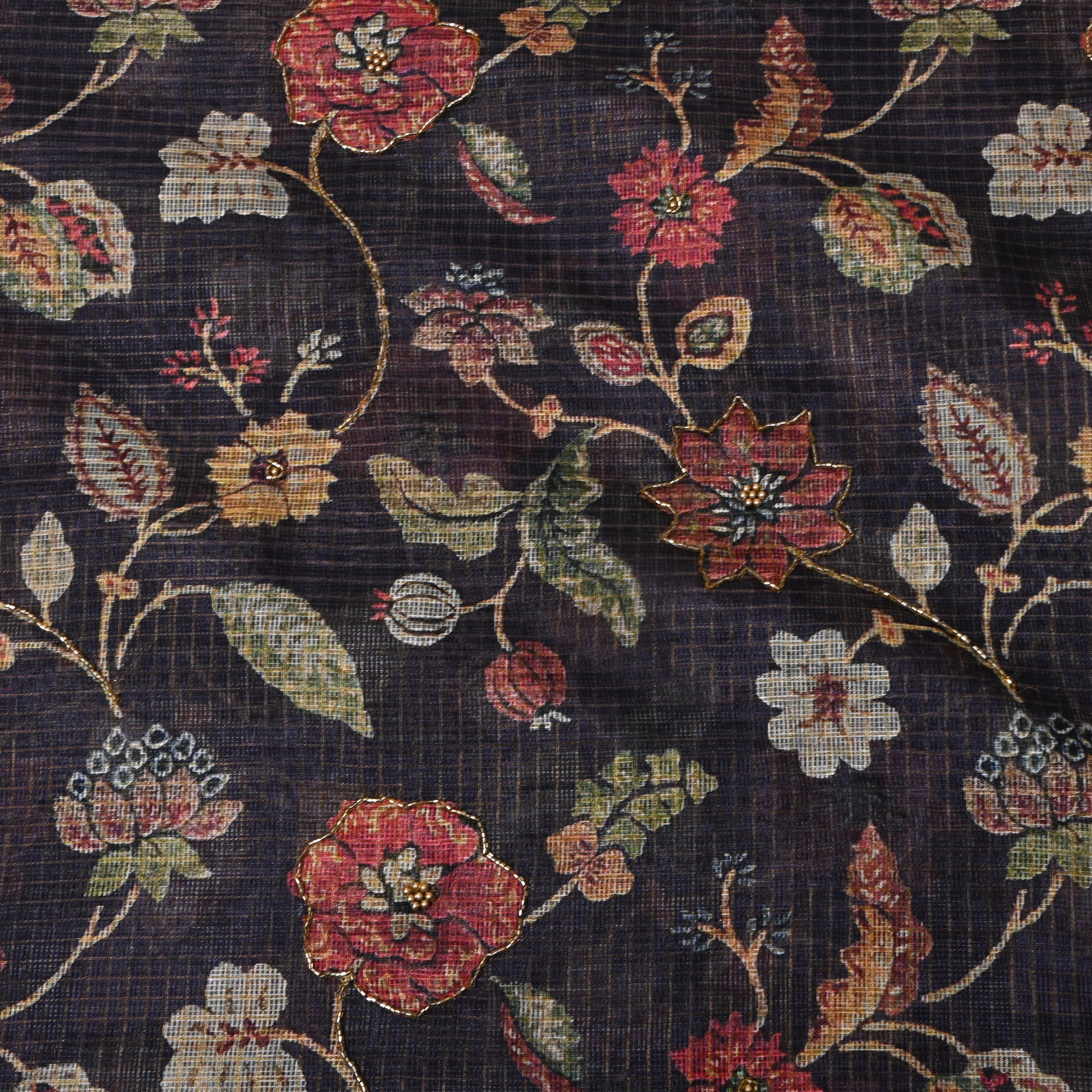 Deep Navy Printed Embroidery Silk With Floral Vine