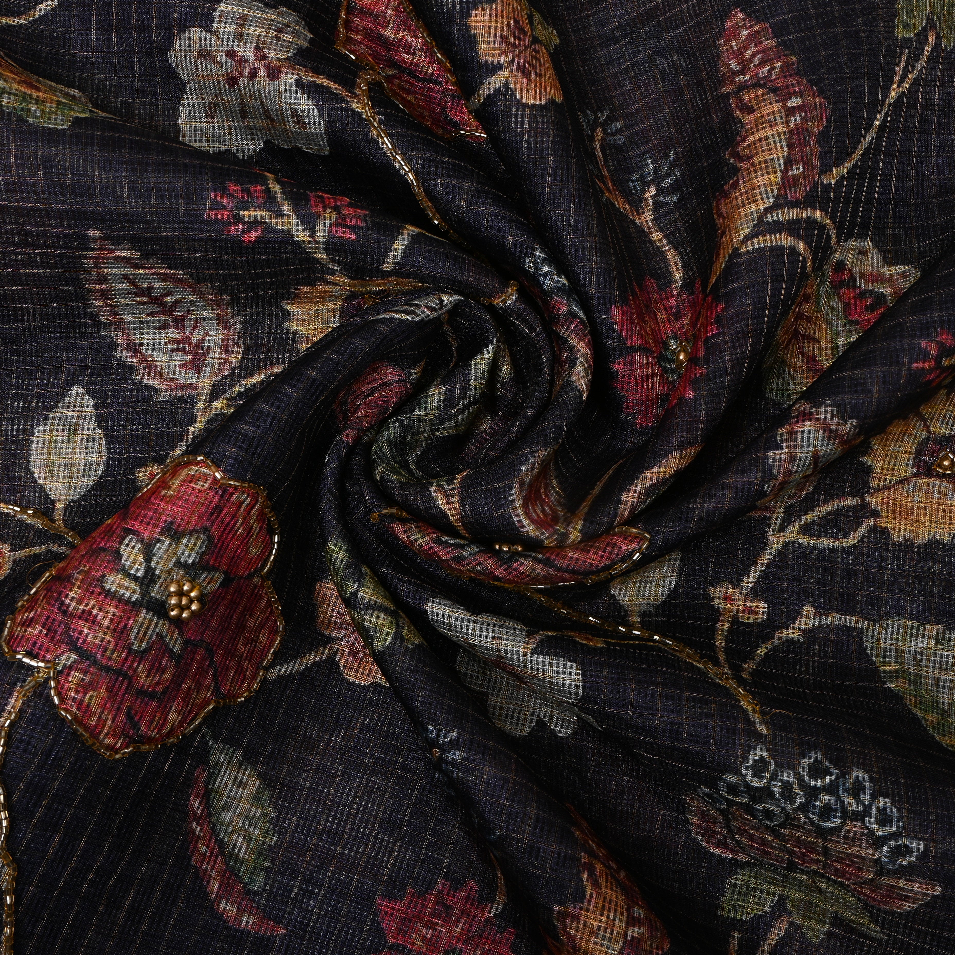 Deep Navy Printed Embroidery Silk With Floral Vine