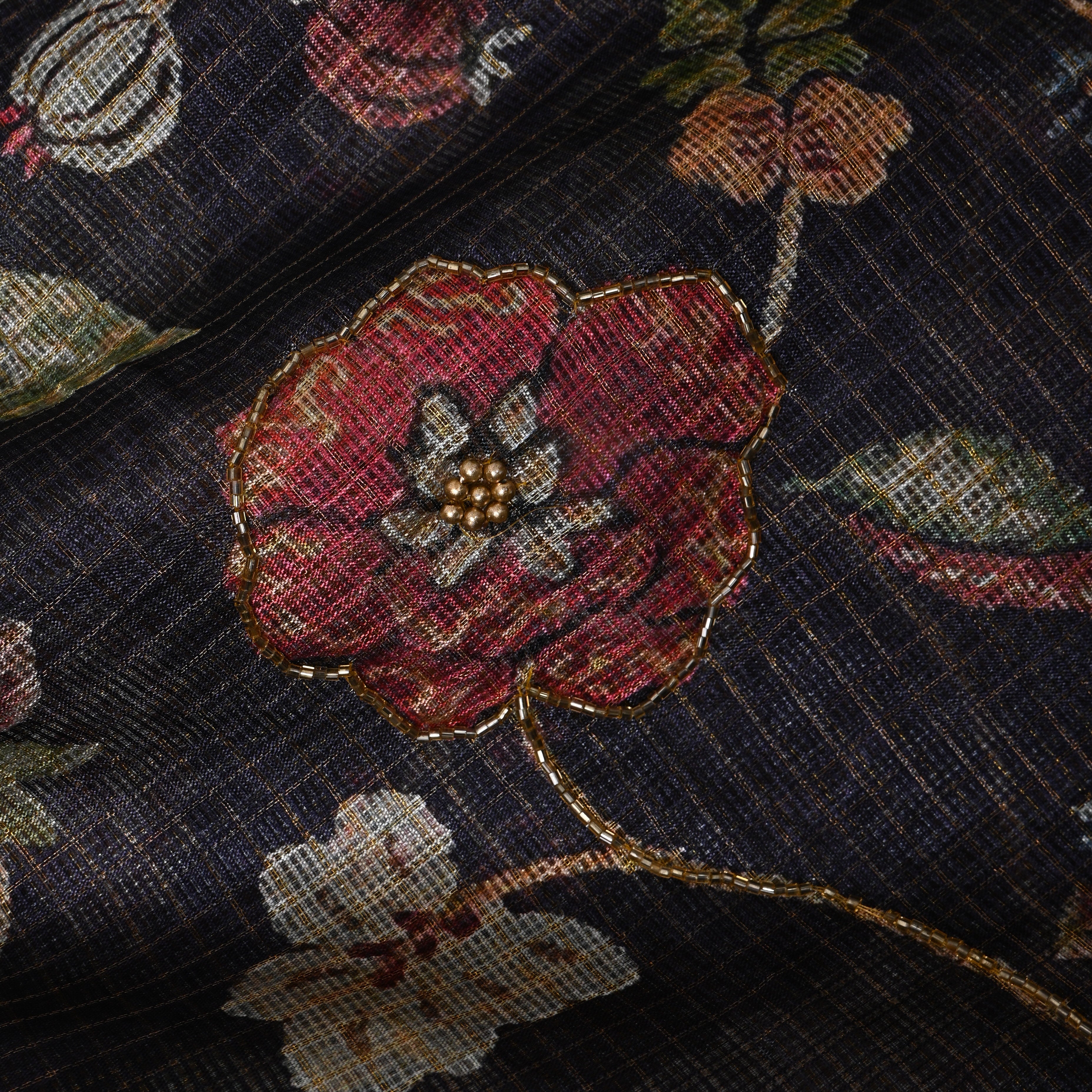 Deep Navy Printed Embroidery Silk With Floral Vine