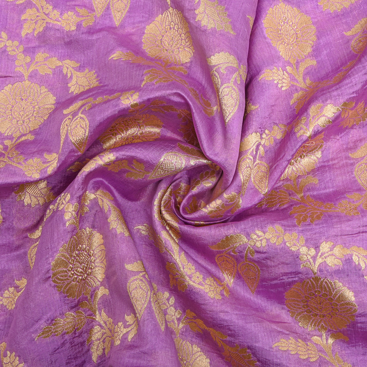 Lilac Purple Gold Zari Floral Jaal Jamawar Silk Fabric