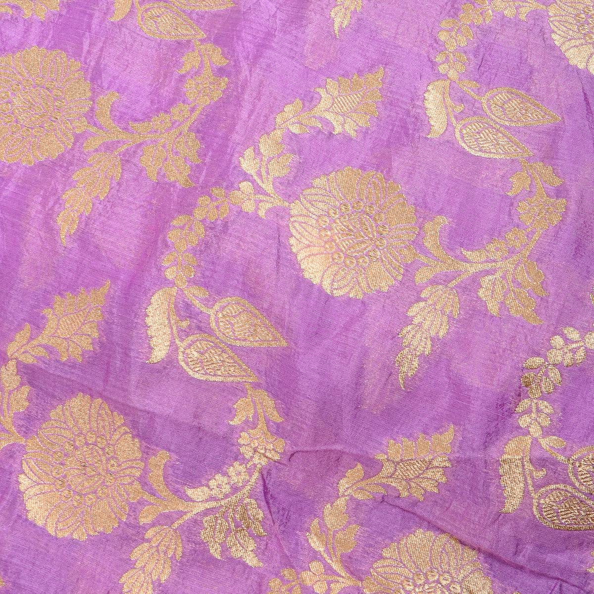 Lilac Purple Gold Zari Floral Jaal Jamawar Silk Fabric