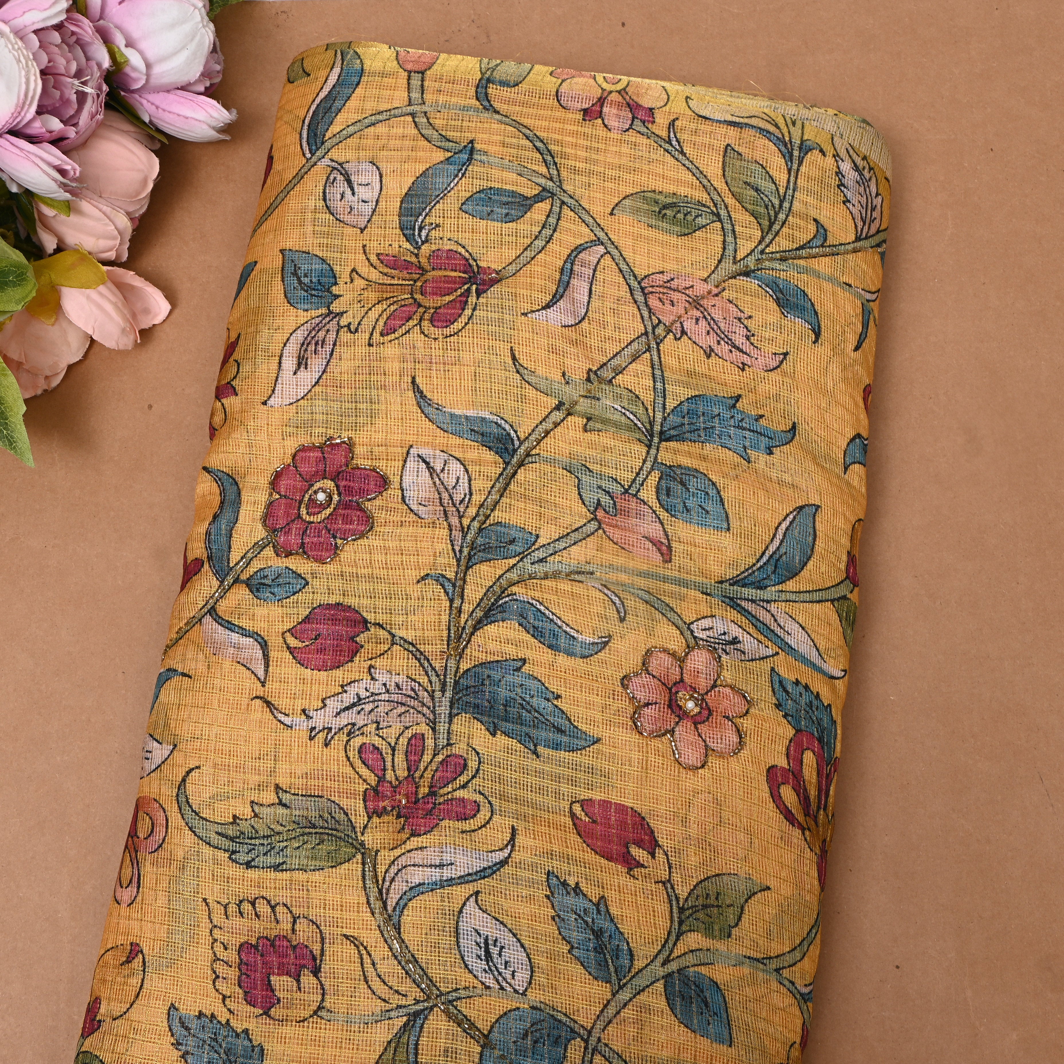 Mustard Printed Embroidery Silk With Floral Vine