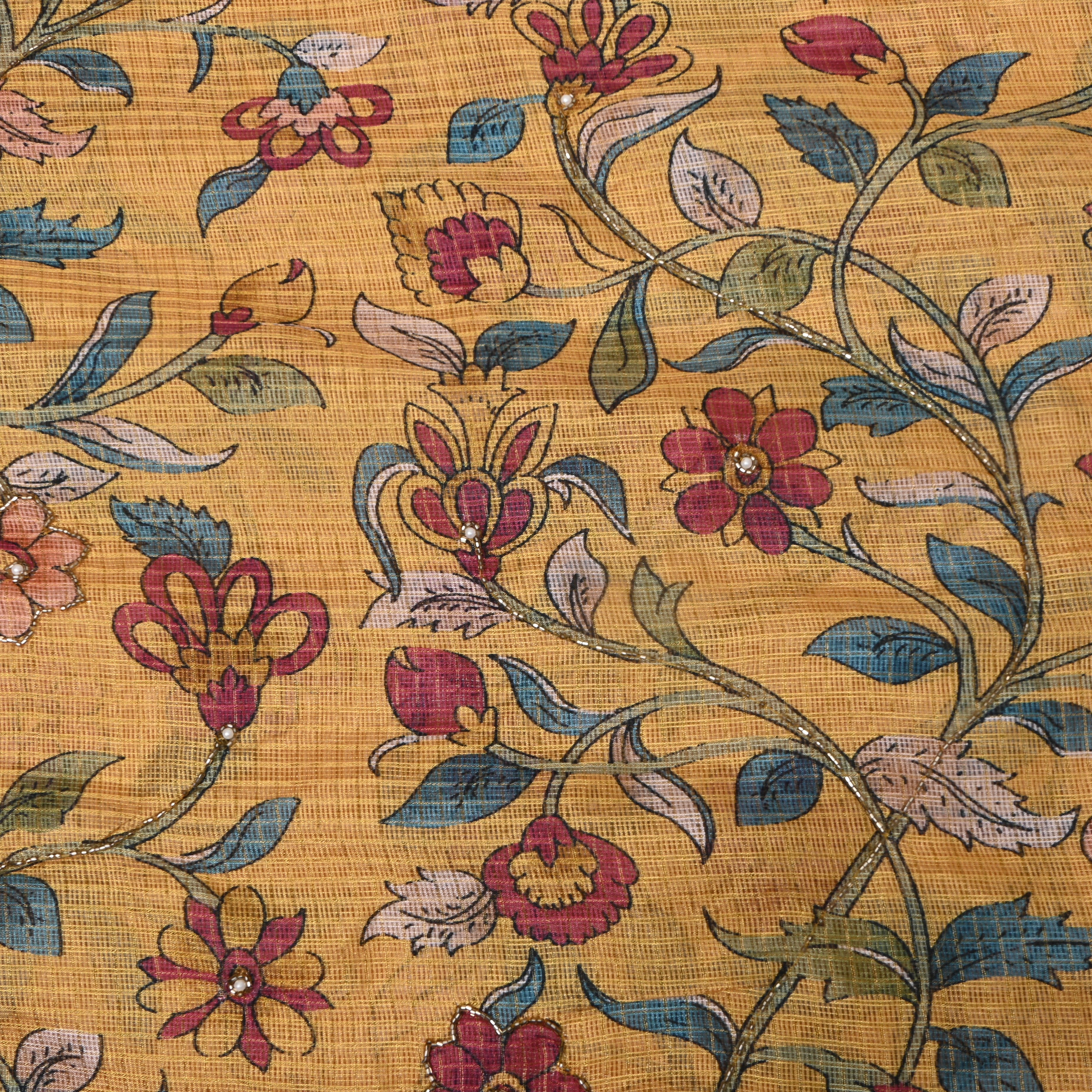 Mustard Printed Embroidery Silk With Floral Vine
