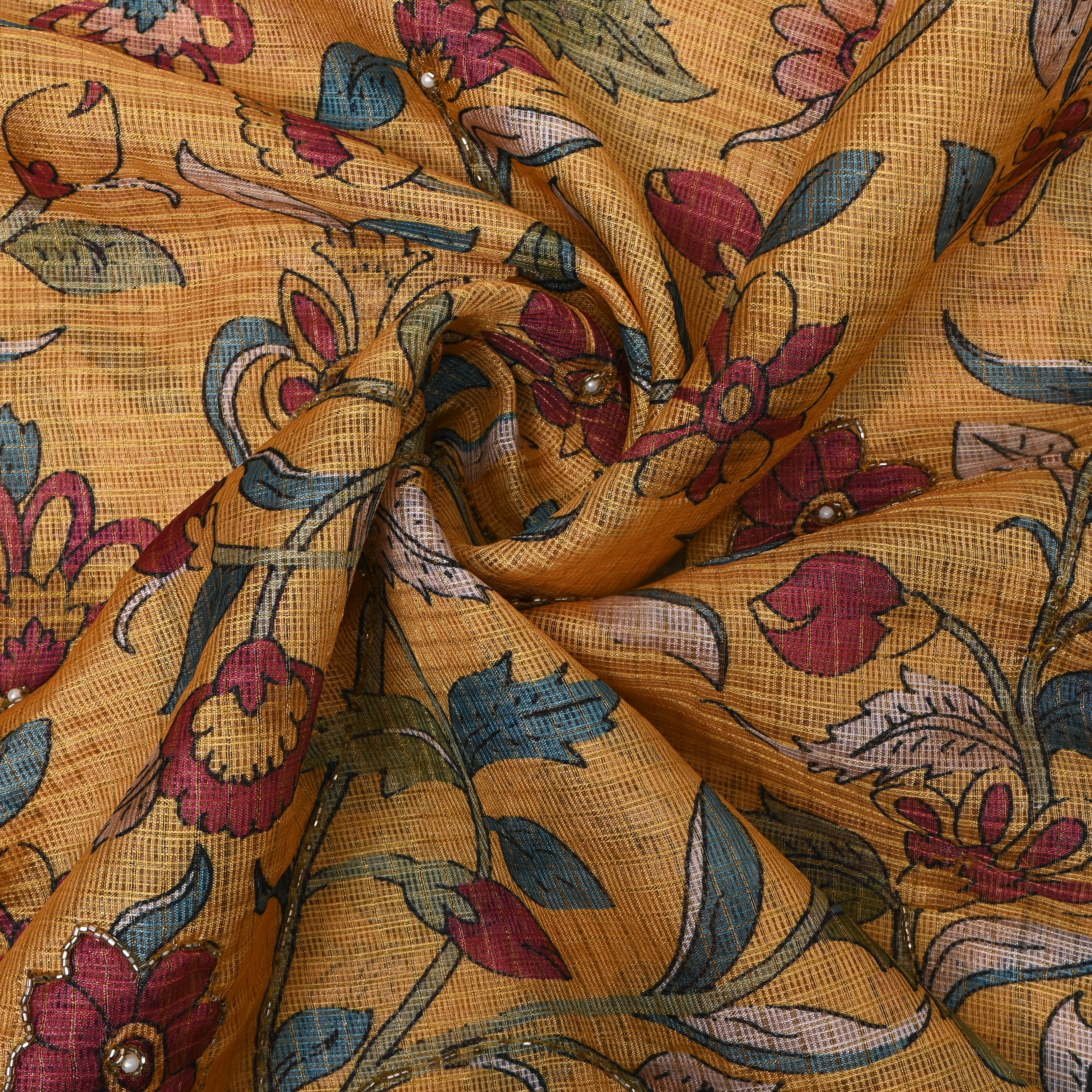 Mustard Printed Embroidery Silk With Floral Vine